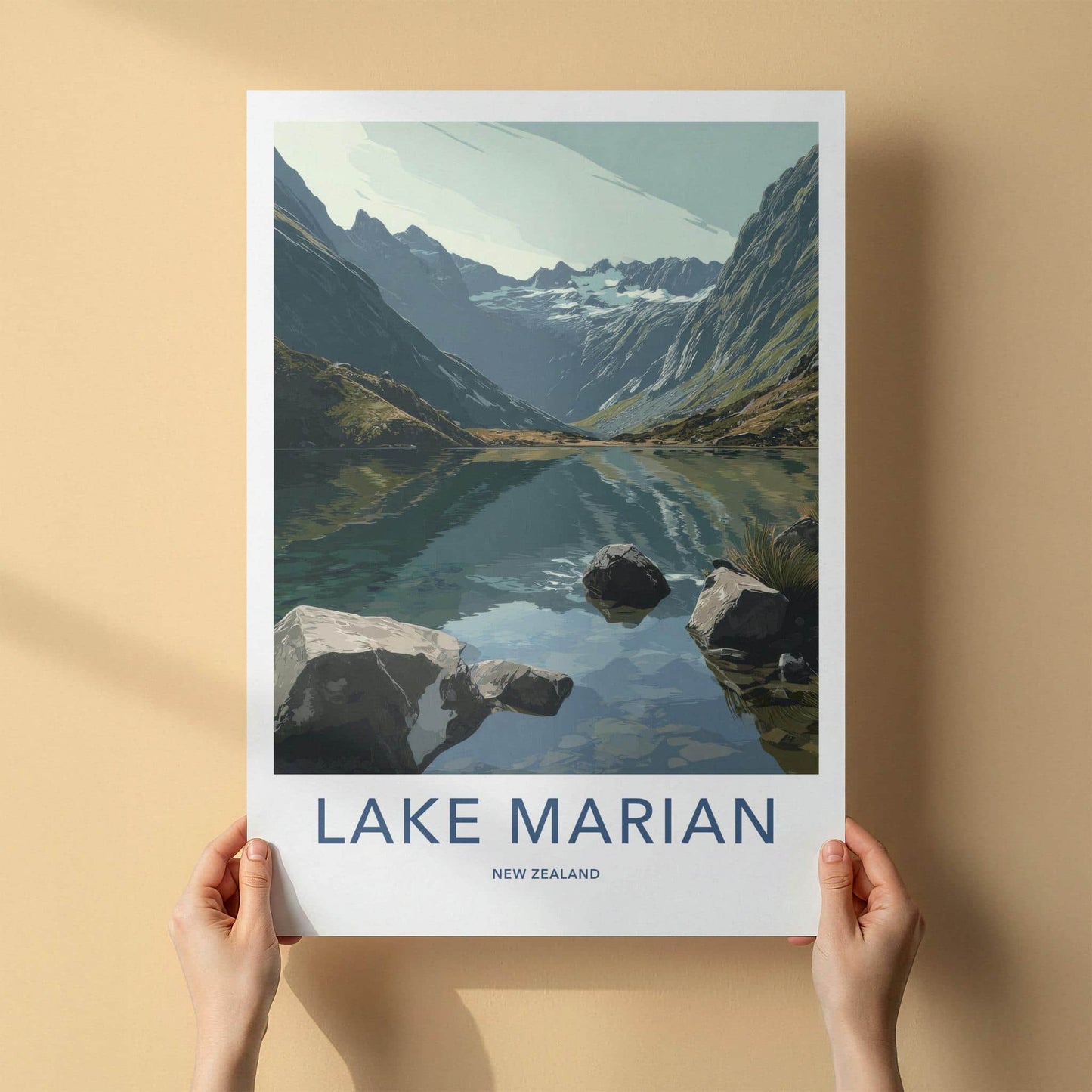 Lake Marian Poster - New Zealand Travel Art - Alpine Lake Peaks Home Decor