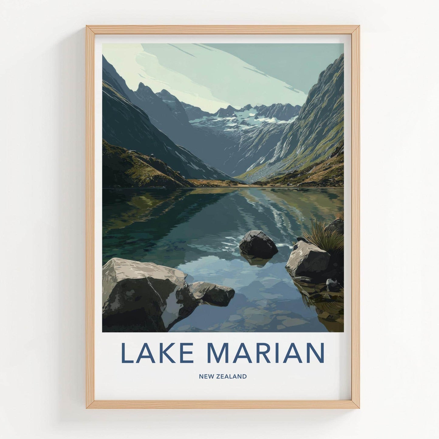 Lake Marian Poster - New Zealand Travel Art - Alpine Lake Peaks Home Decor
