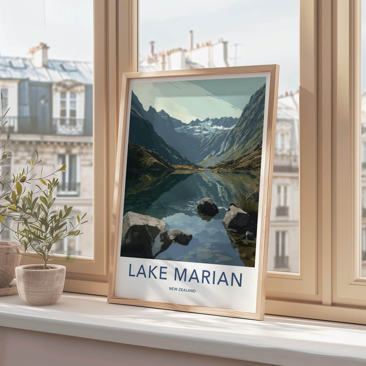 Lake Marian Poster - New Zealand Travel Art - Alpine Lake Peaks Home Decor