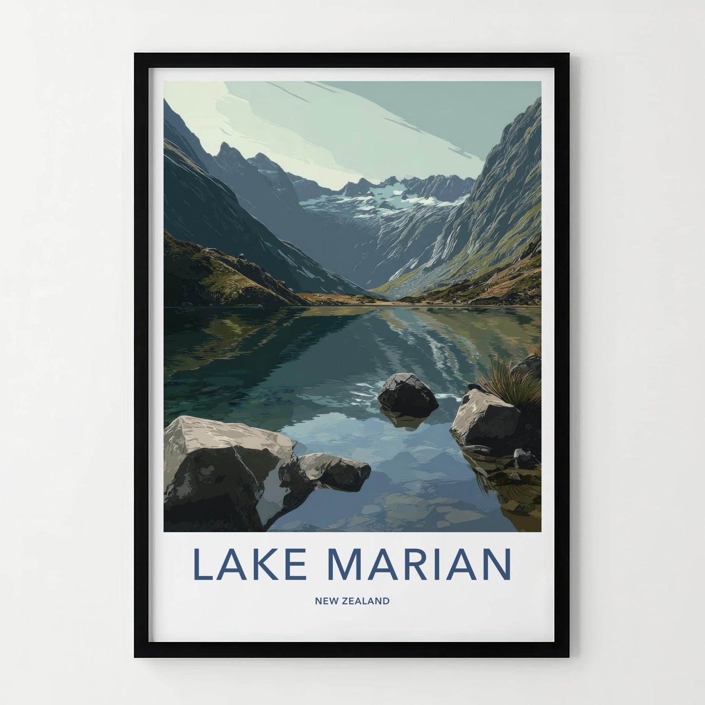 Lake Marian Poster - New Zealand Travel Art - Alpine Lake Peaks Home Decor