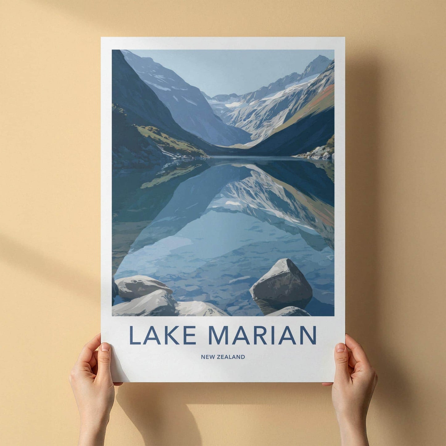 Lake Marian Poster - New Zealand Travel Art - Mountain Lake Reflection Home Decor