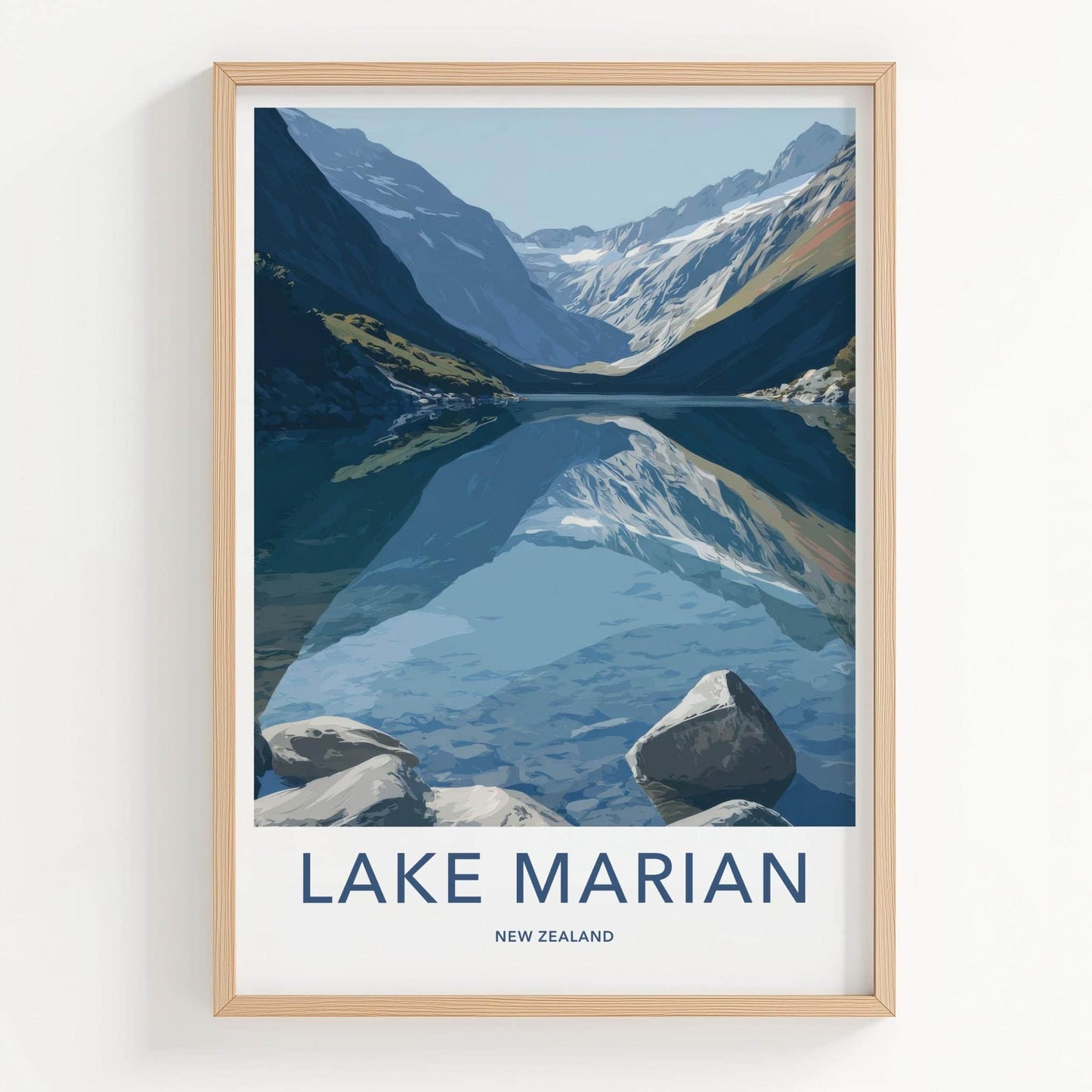 Lake Marian Poster - New Zealand Travel Art - Mountain Lake Reflection Home Decor