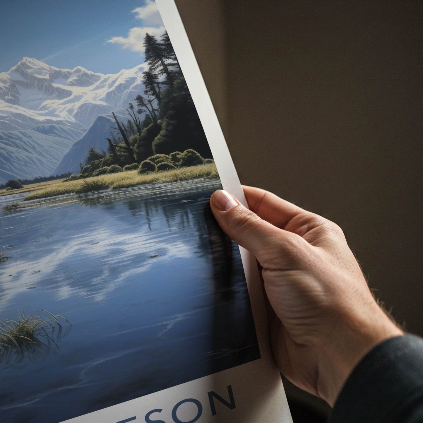 Lake Matheson Poster - New Zealand Art Print - Snowy Peaks Water Wall Decor