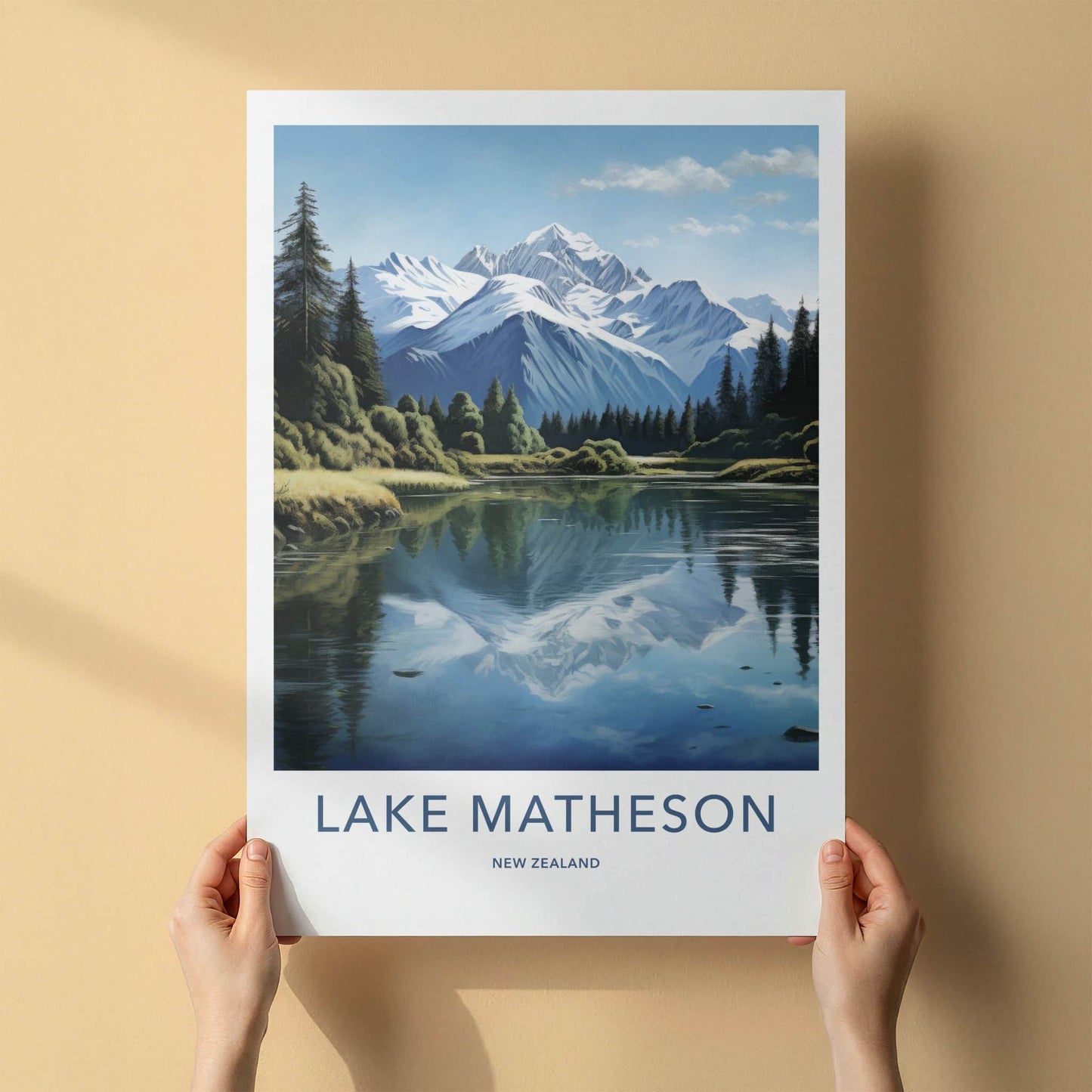 Lake Matheson Poster - New Zealand Travel Art - Snowy Peak Reflection Home Decor