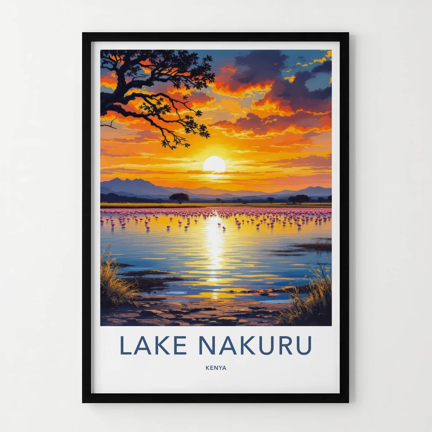 Lake Nakuru Poster - Kenya Travel Art - Flamingo Sunset Lake Home Decor