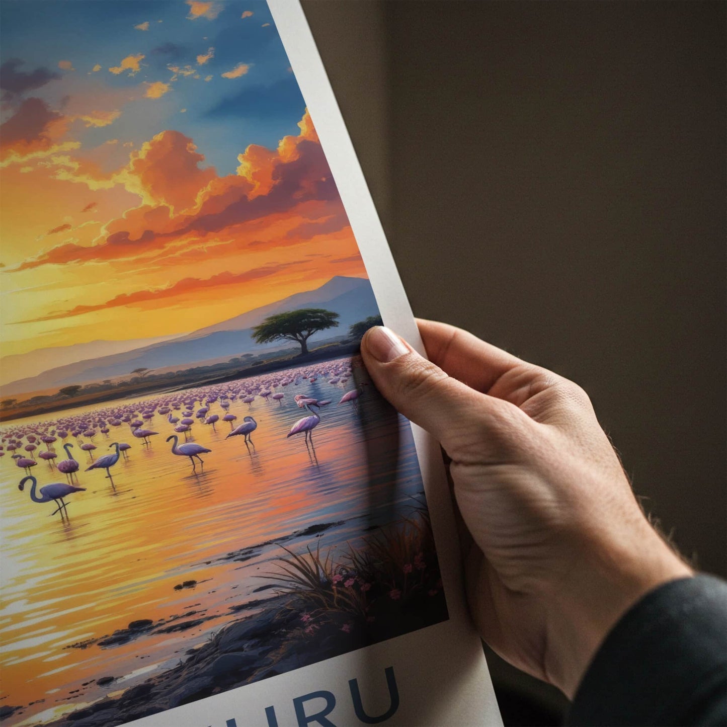 Lake Nakuru Poster - Kenya Travel Art - Flamingos Lake Sunset Home Decor