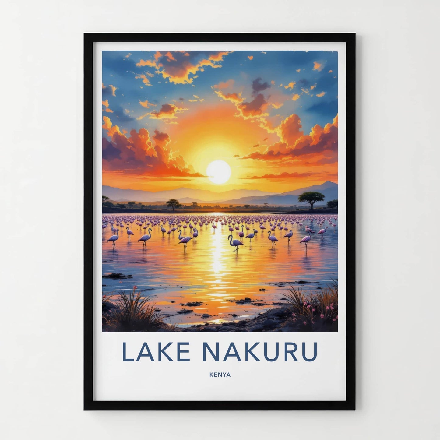 Lake Nakuru Poster - Kenya Travel Art - Flamingos Lake Sunset Home Decor