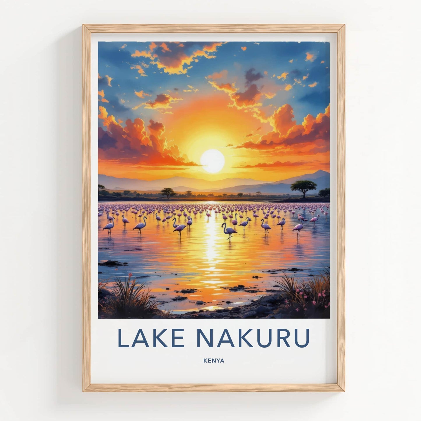 Lake Nakuru Poster - Kenya Travel Art - Flamingos Lake Sunset Home Decor