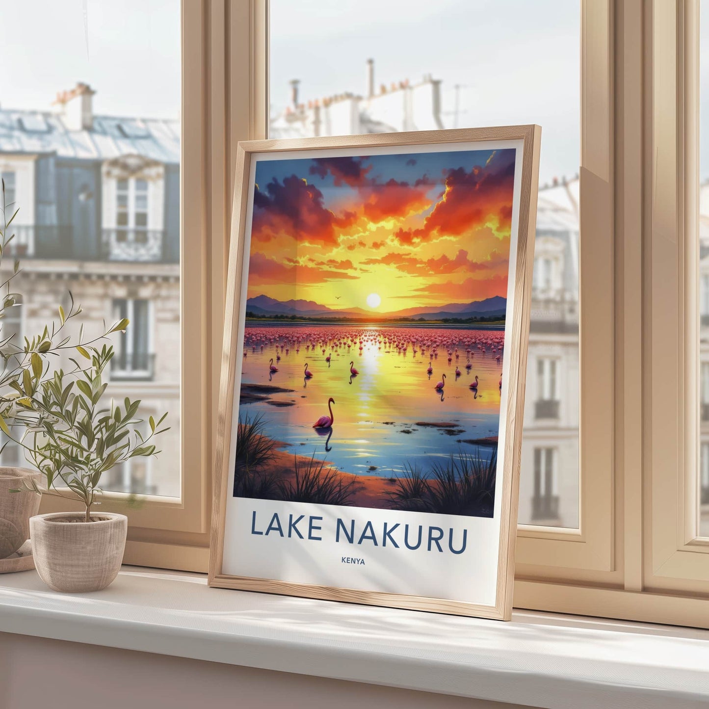 Lake Nakuru Poster - Kenya Travel Art - Flamingos Sunset Lake Wall Decor