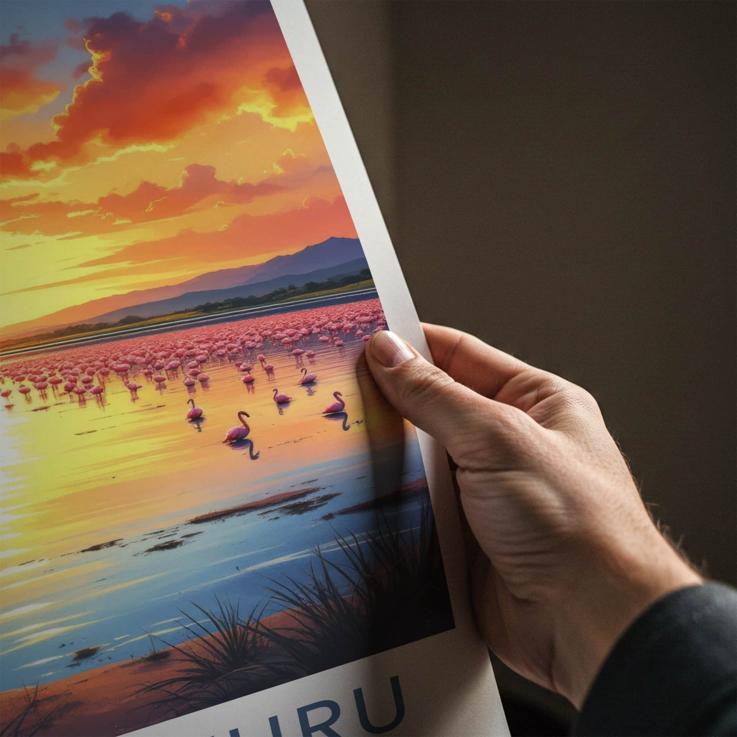 Lake Nakuru Poster - Kenya Travel Art - Flamingos Sunset Lake Wall Decor