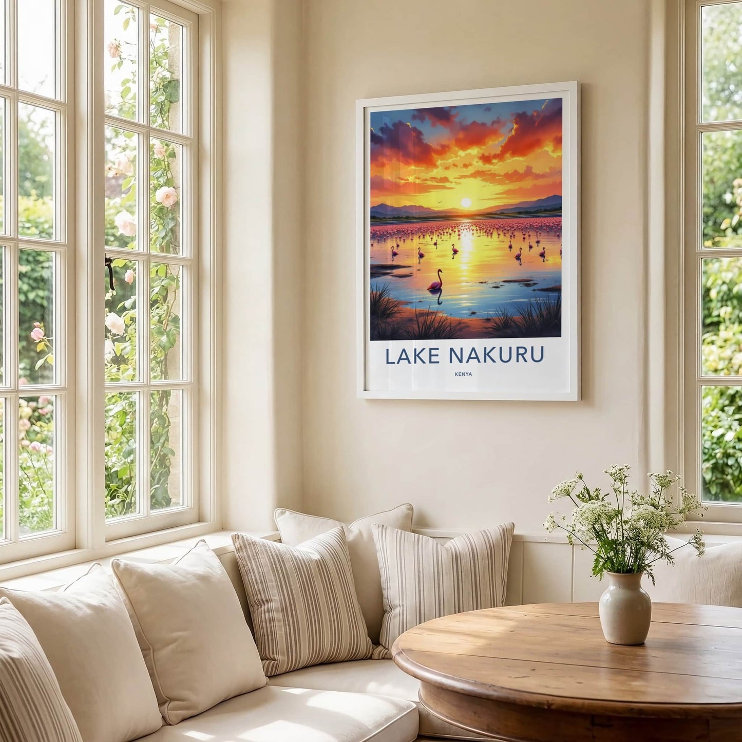 Lake Nakuru Poster - Kenya Travel Art - Flamingos Sunset Lake Wall Decor