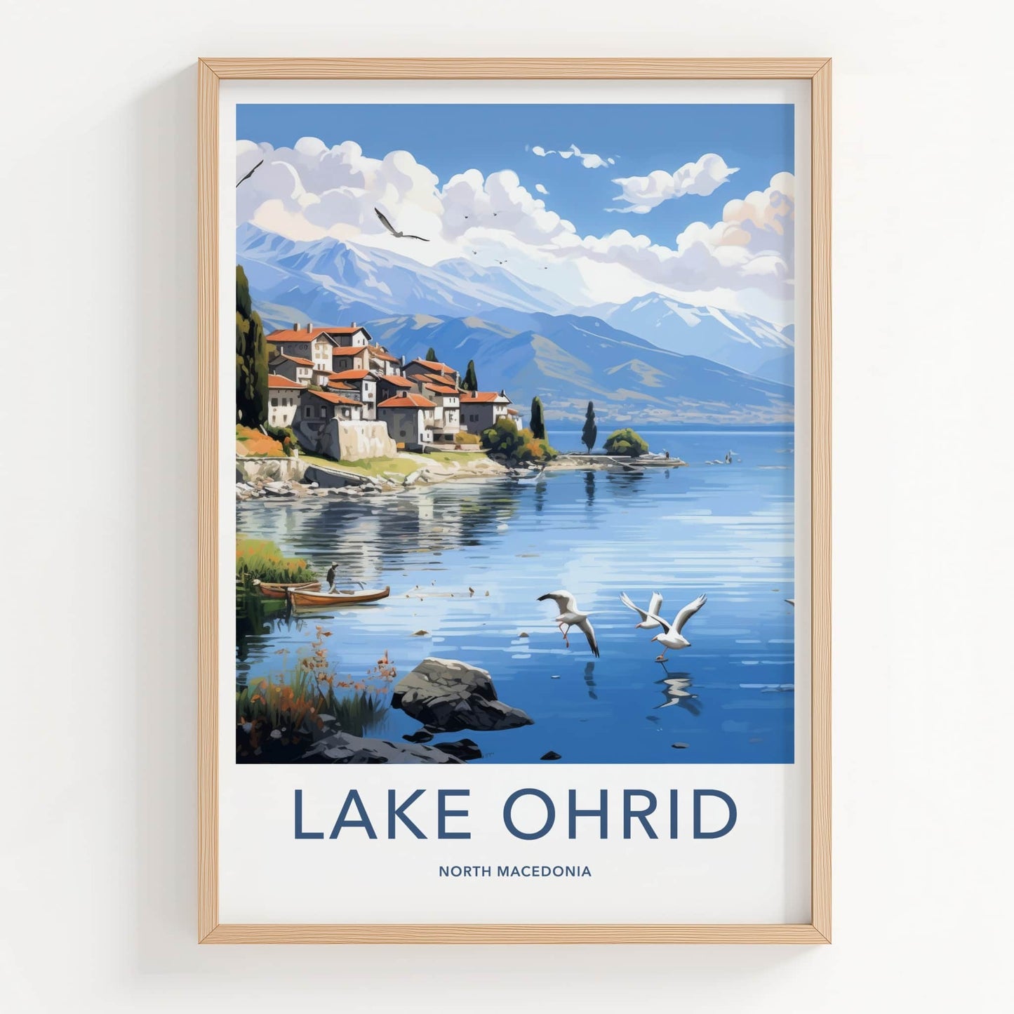 Lake Ohrid Poster - North Macedonia Travel Art - Lakeside Village Birds Home Decor
