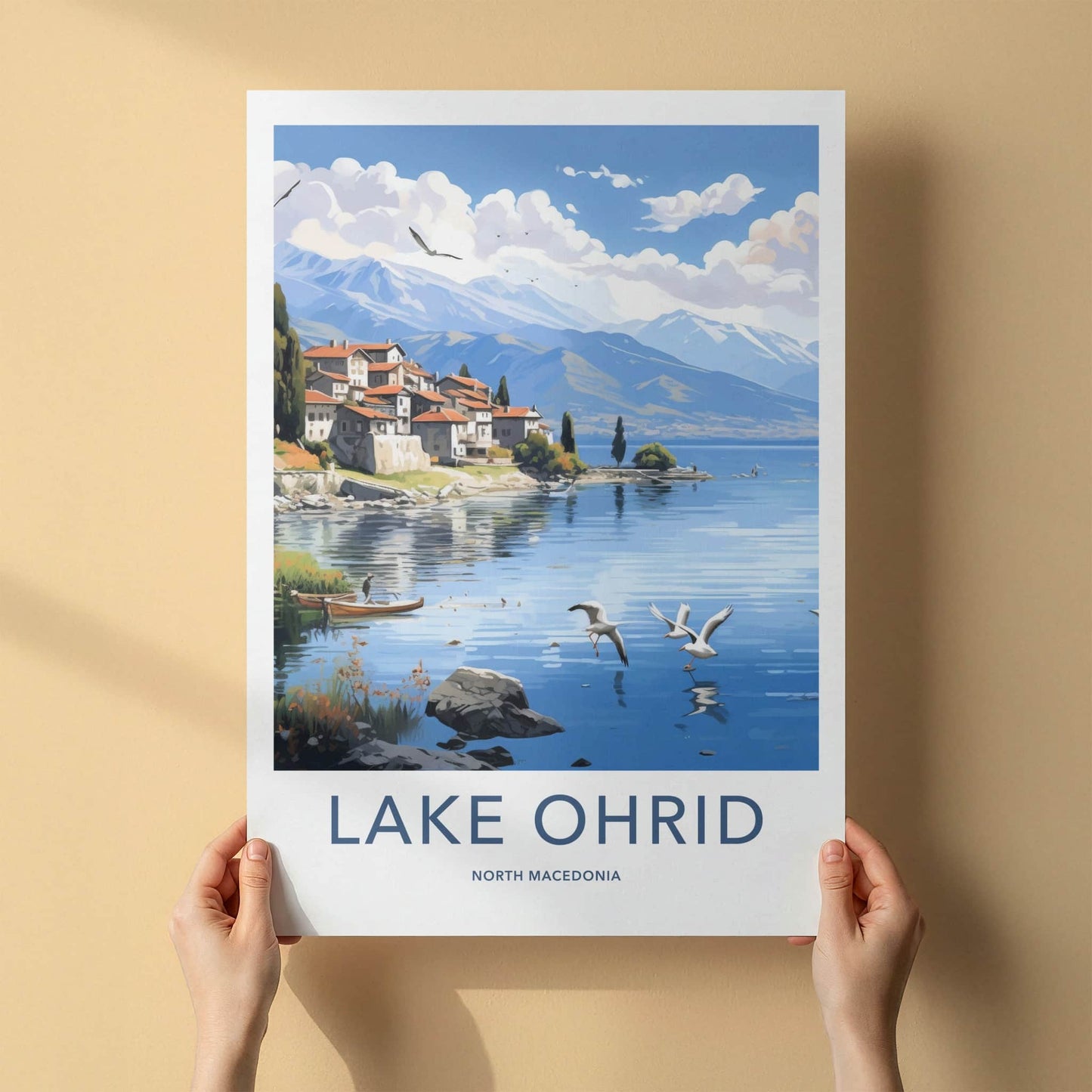 Lake Ohrid Poster - North Macedonia Travel Art - Lakeside Village Birds Home Decor