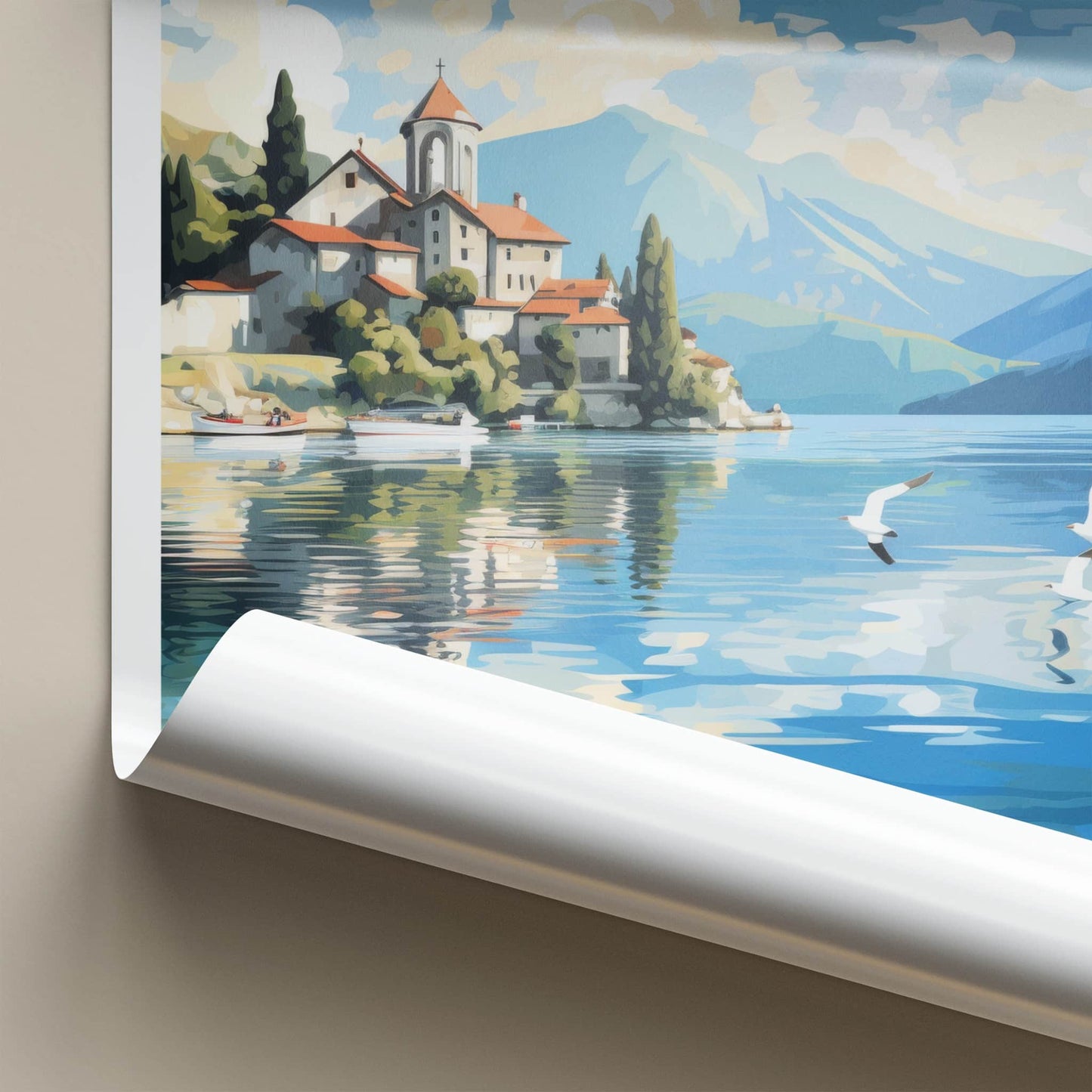 Lake Ohrid Poster - North Macedonia Travel Art - Lakeside Village Mountains Home Decor