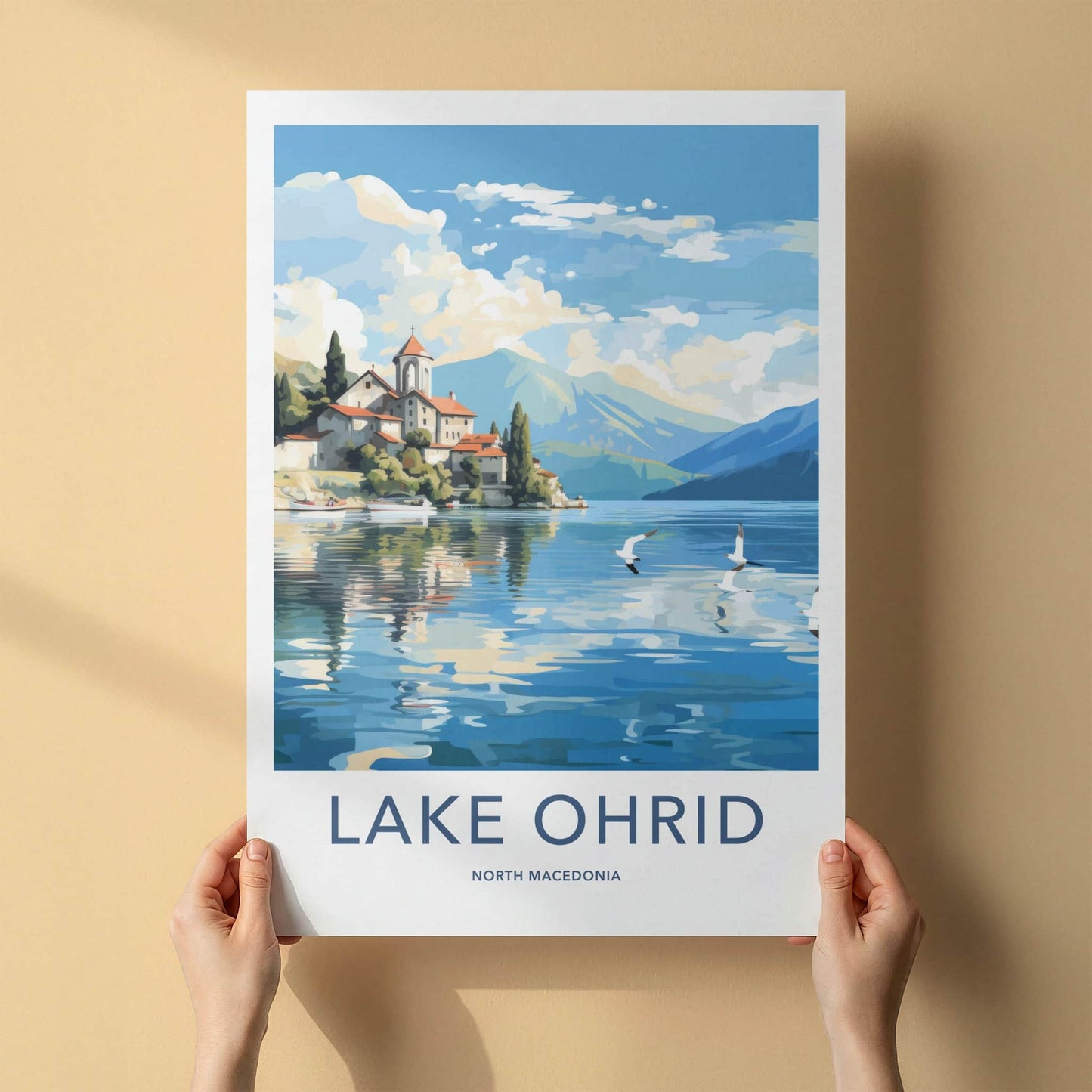 Lake Ohrid Poster - North Macedonia Travel Art - Lakeside Village Mountains Home Decor