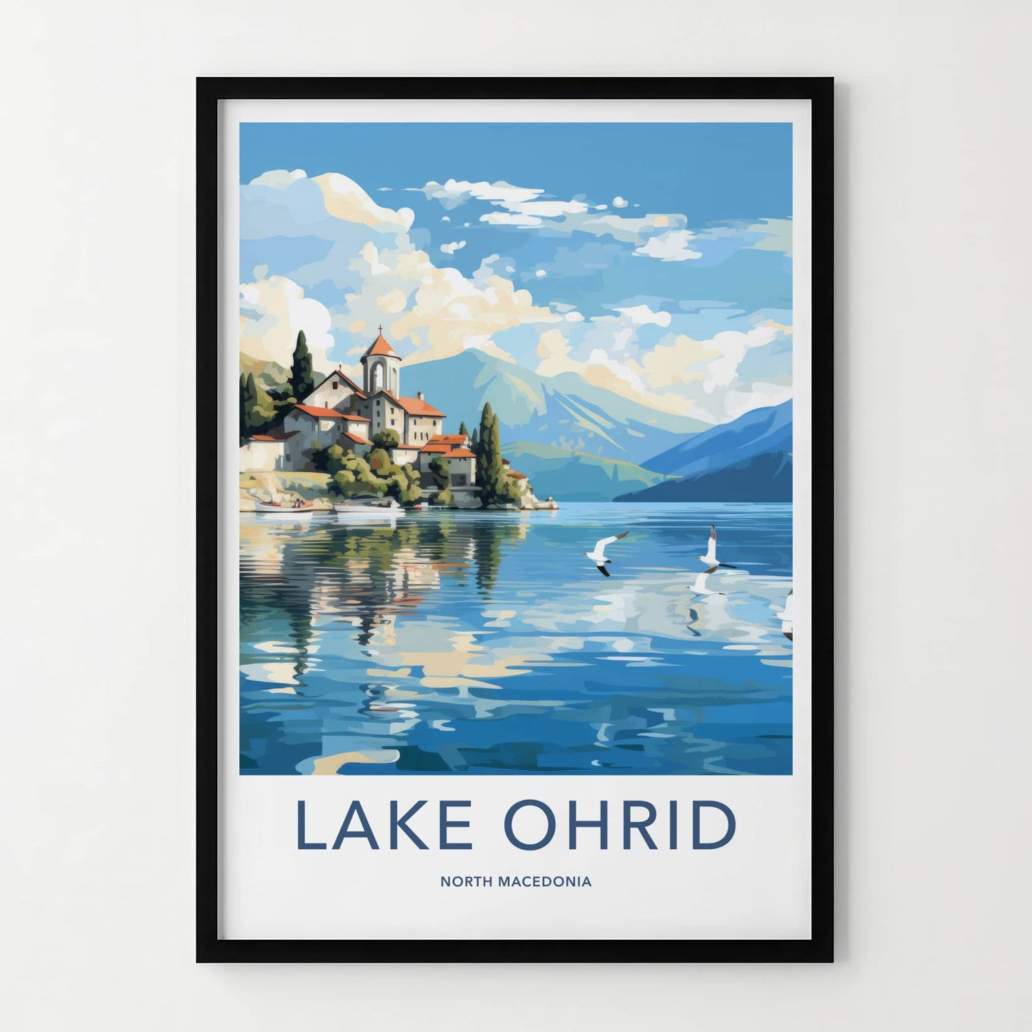 Lake Ohrid Poster - North Macedonia Travel Art - Lakeside Village Mountains Home Decor