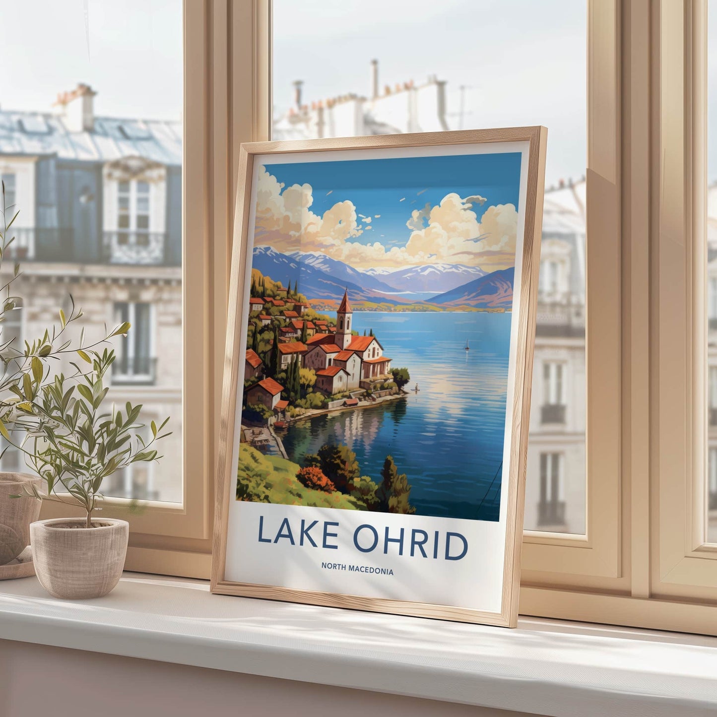 Lake Ohrid Poster - North Macedonia Travel Art - Lakeside Village Mountains Home Decor