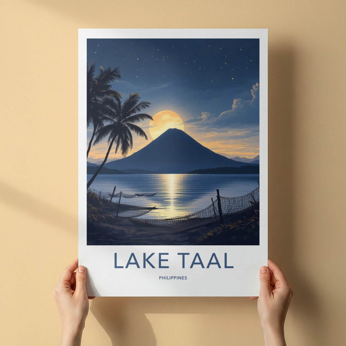 Lake Taal Poster - Philippines Travel Art - Full Moon Volcano Home Decor