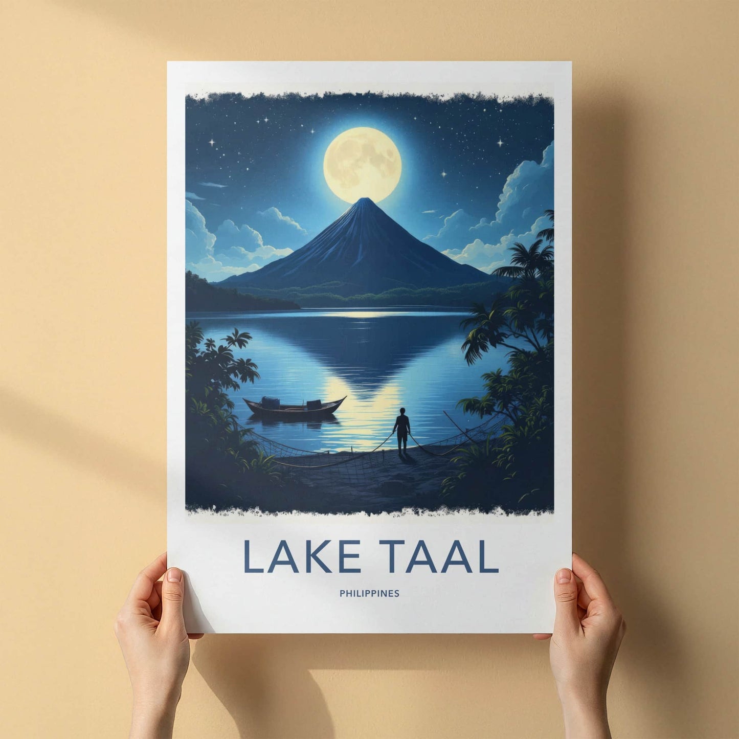 Lake Taal Poster - Philippines Travel Art - Moonlit Volcano Lake Home Decor