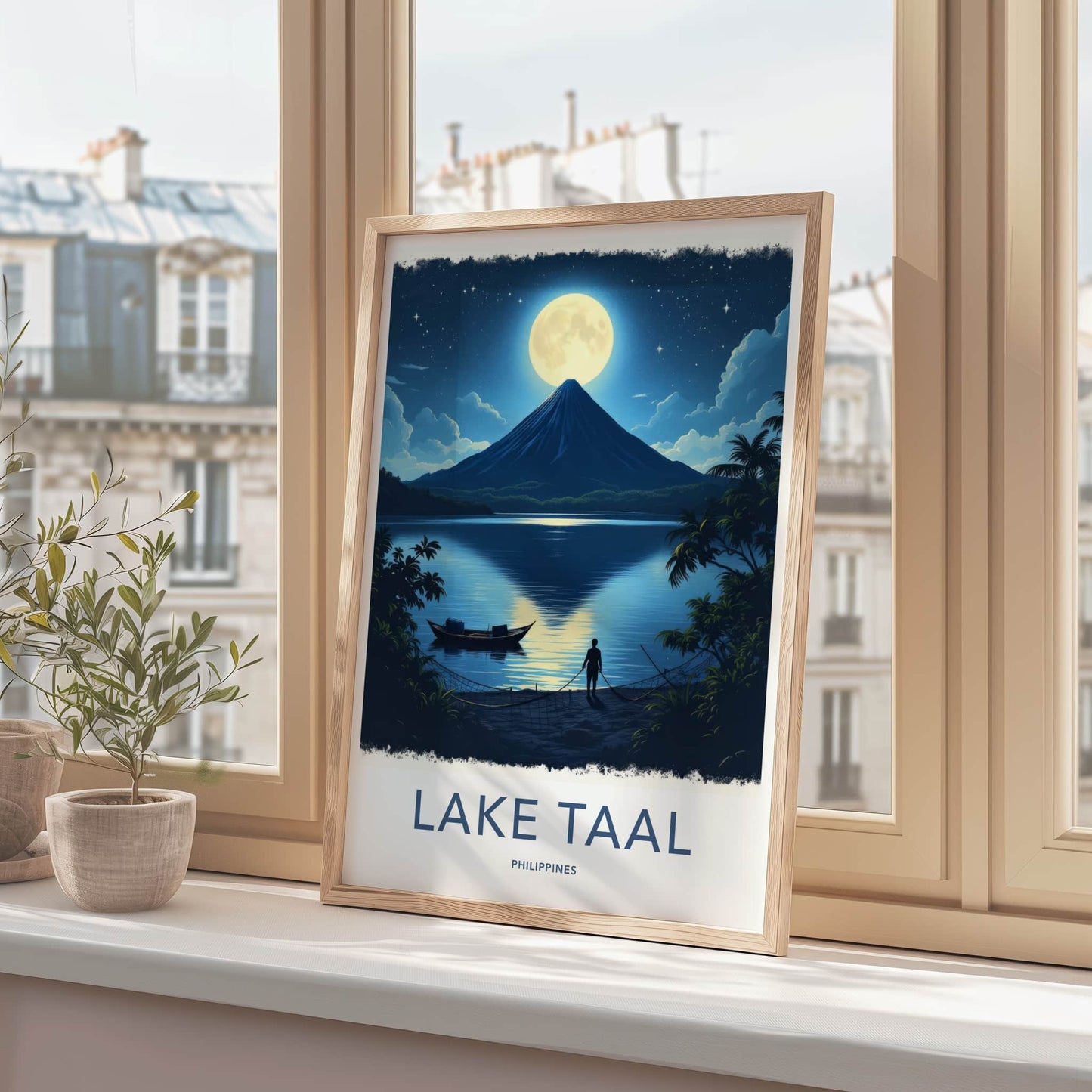 Lake Taal Poster - Philippines Travel Art - Moonlit Volcano Lake Home Decor