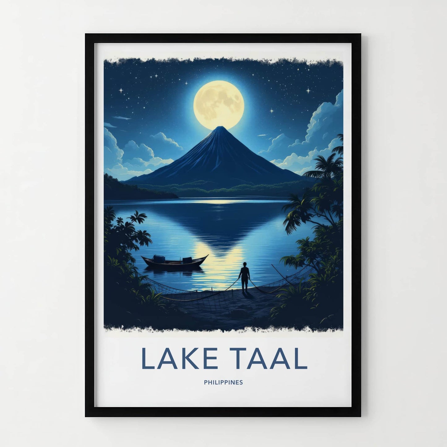 Lake Taal Poster - Philippines Travel Art - Moonlit Volcano Lake Home Decor