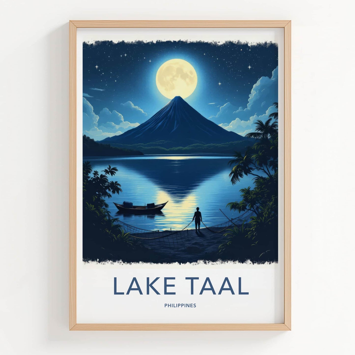 Lake Taal Poster - Philippines Travel Art - Moonlit Volcano Lake Home Decor
