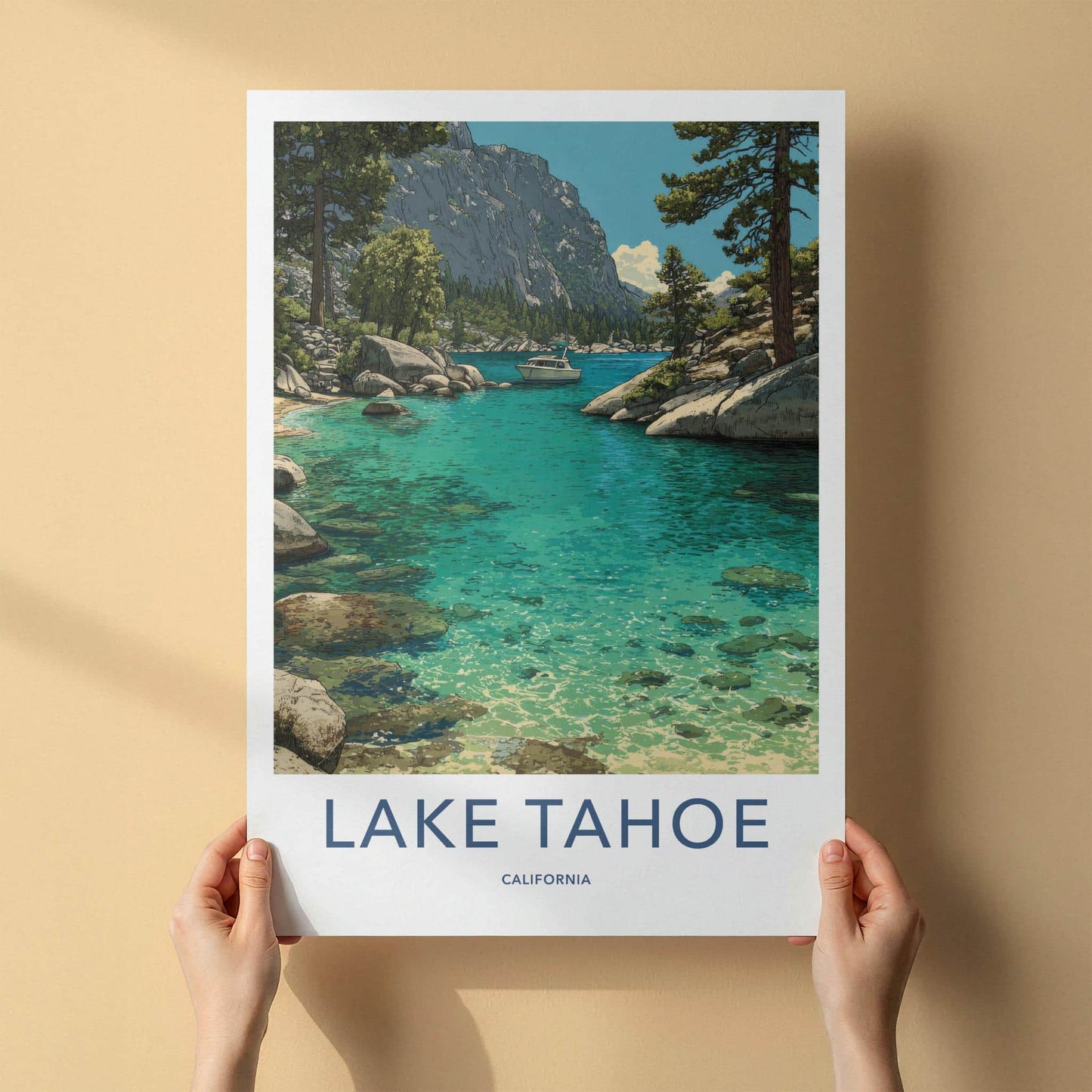 Lake Tahoe Poster - California Framed Print - Turquoise Water Boat Lounge Decor