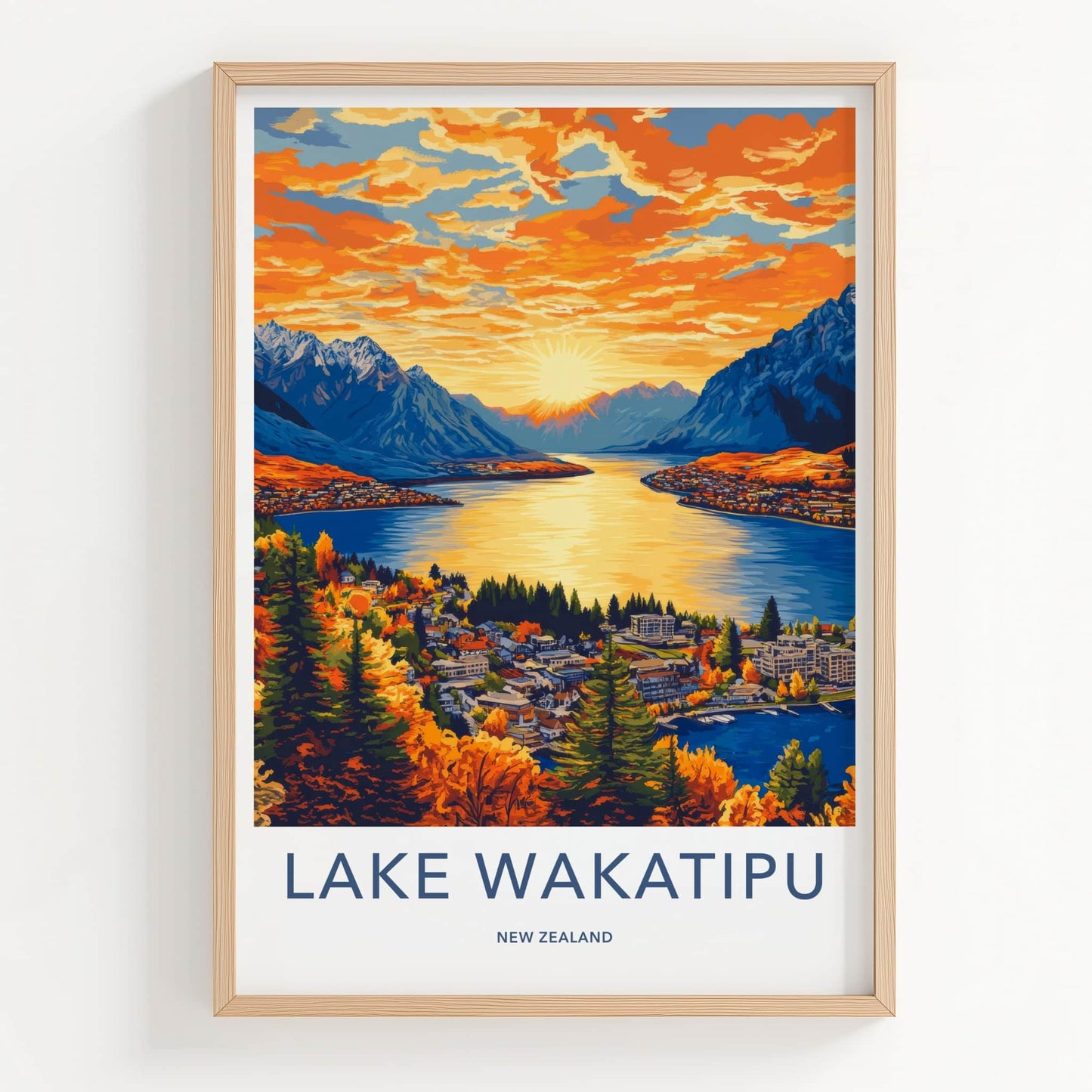 Lake Wakatipu Poster - New Zealand Travel Art - Golden Lake Sunset Home Decor