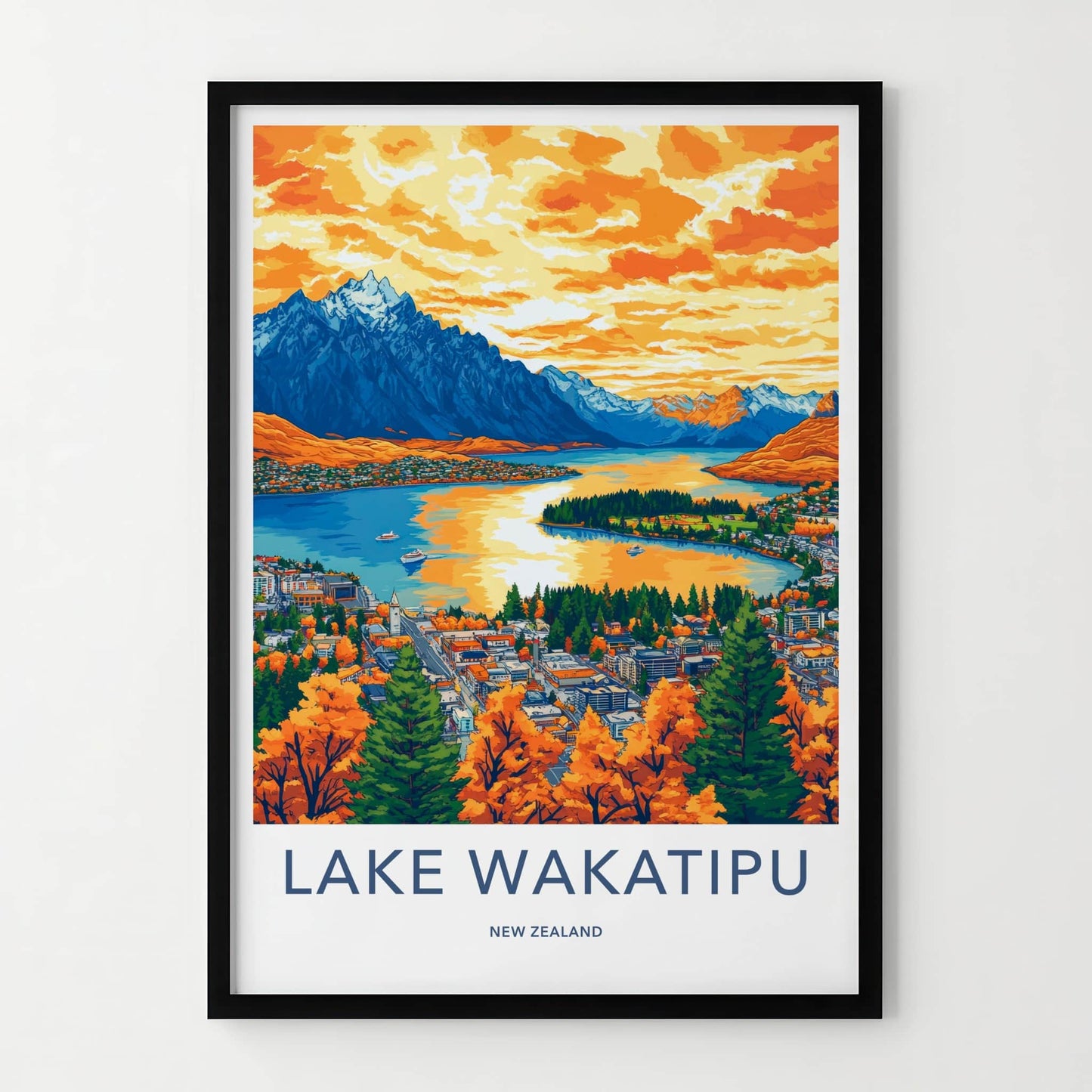 Lake Wakatipu Poster - New Zealand Travel Art - Vibrant Lake Mountain Home Decor