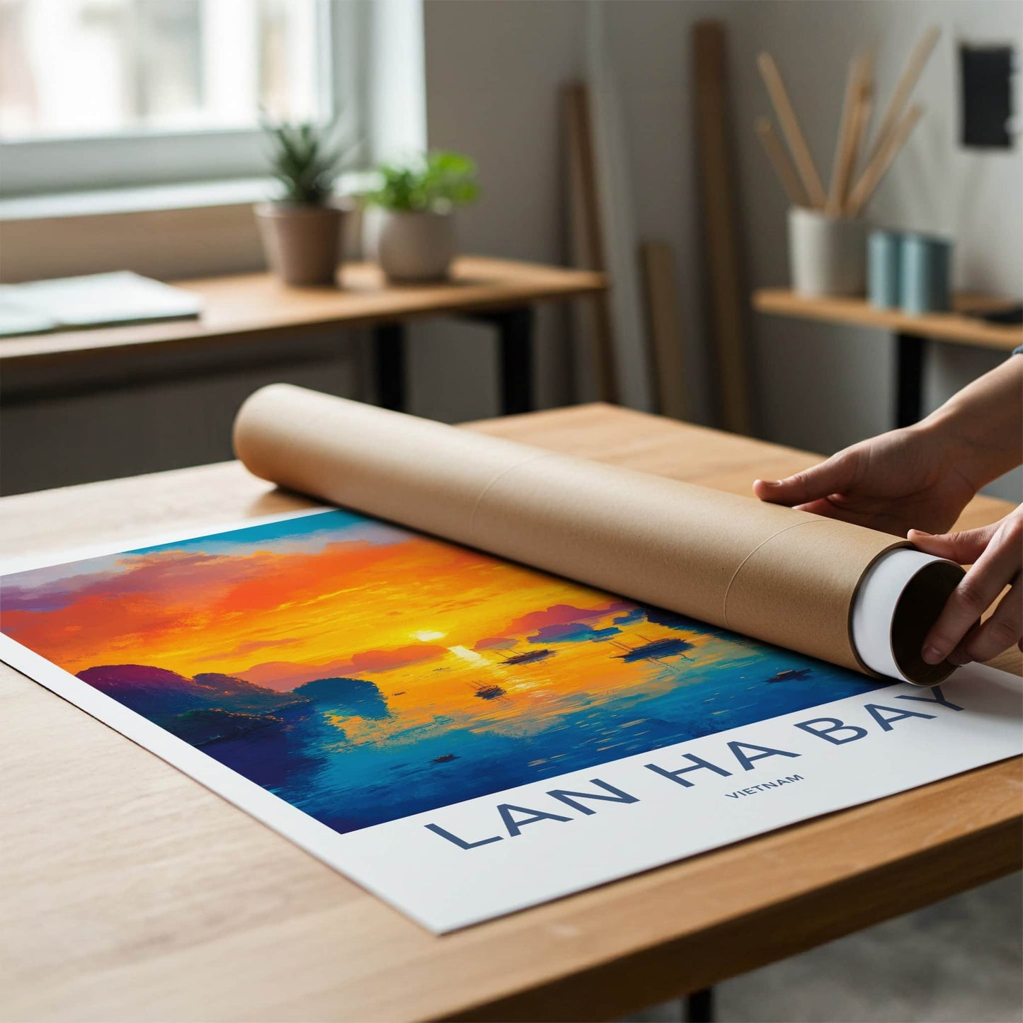 Lan Ha Bay Poster - Vietnam Travel Art - Vibrant Sunset Boats Home Decor