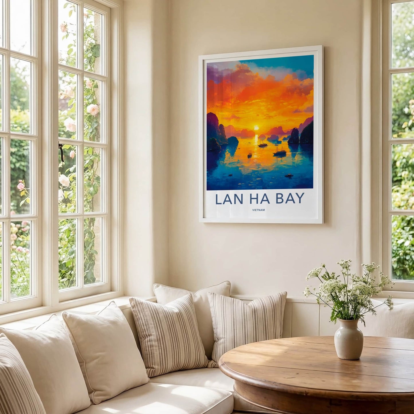 Lan Ha Bay Poster - Vietnam Travel Art - Vibrant Sunset Boats Home Decor