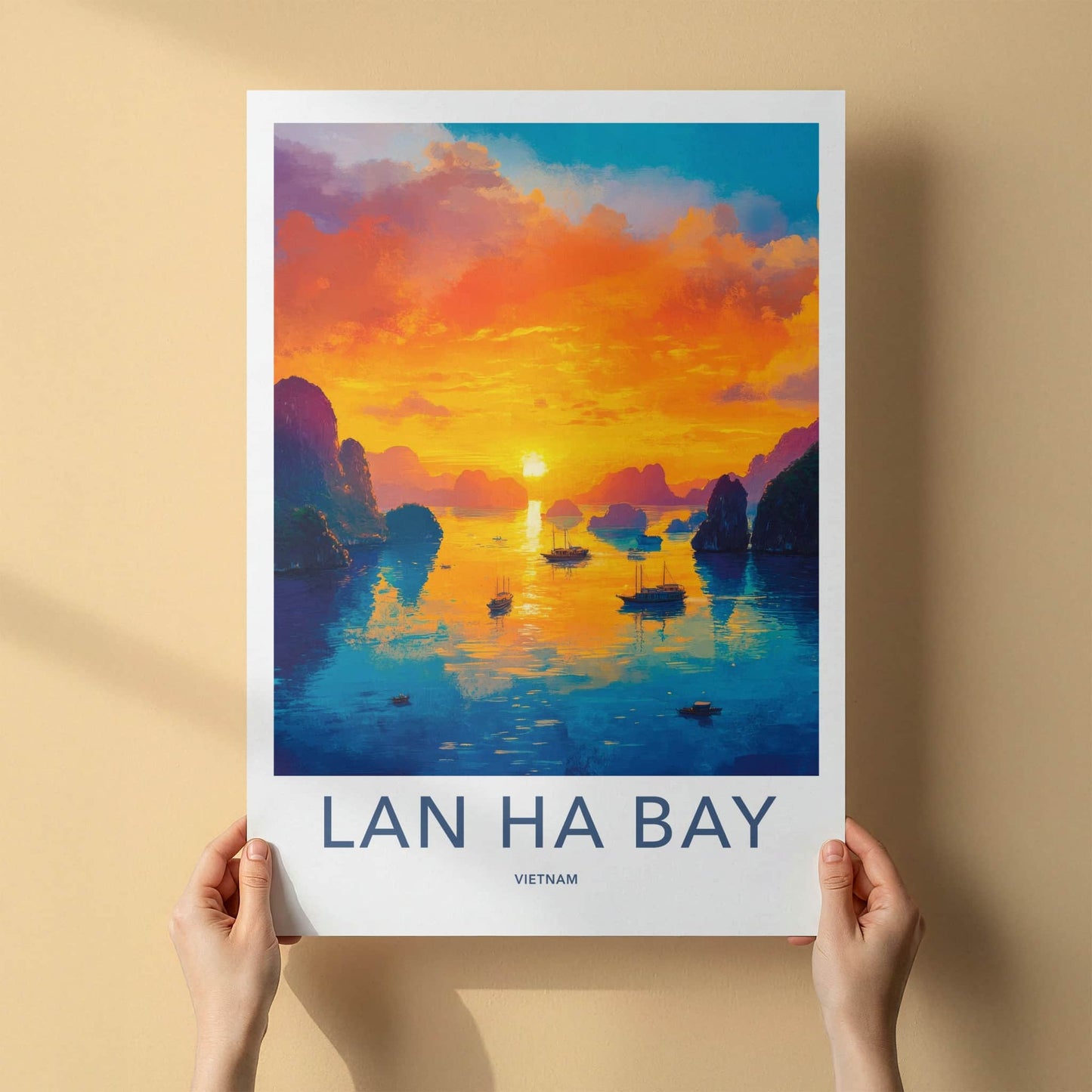 Lan Ha Bay Poster - Vietnam Travel Art - Vibrant Sunset Boats Home Decor