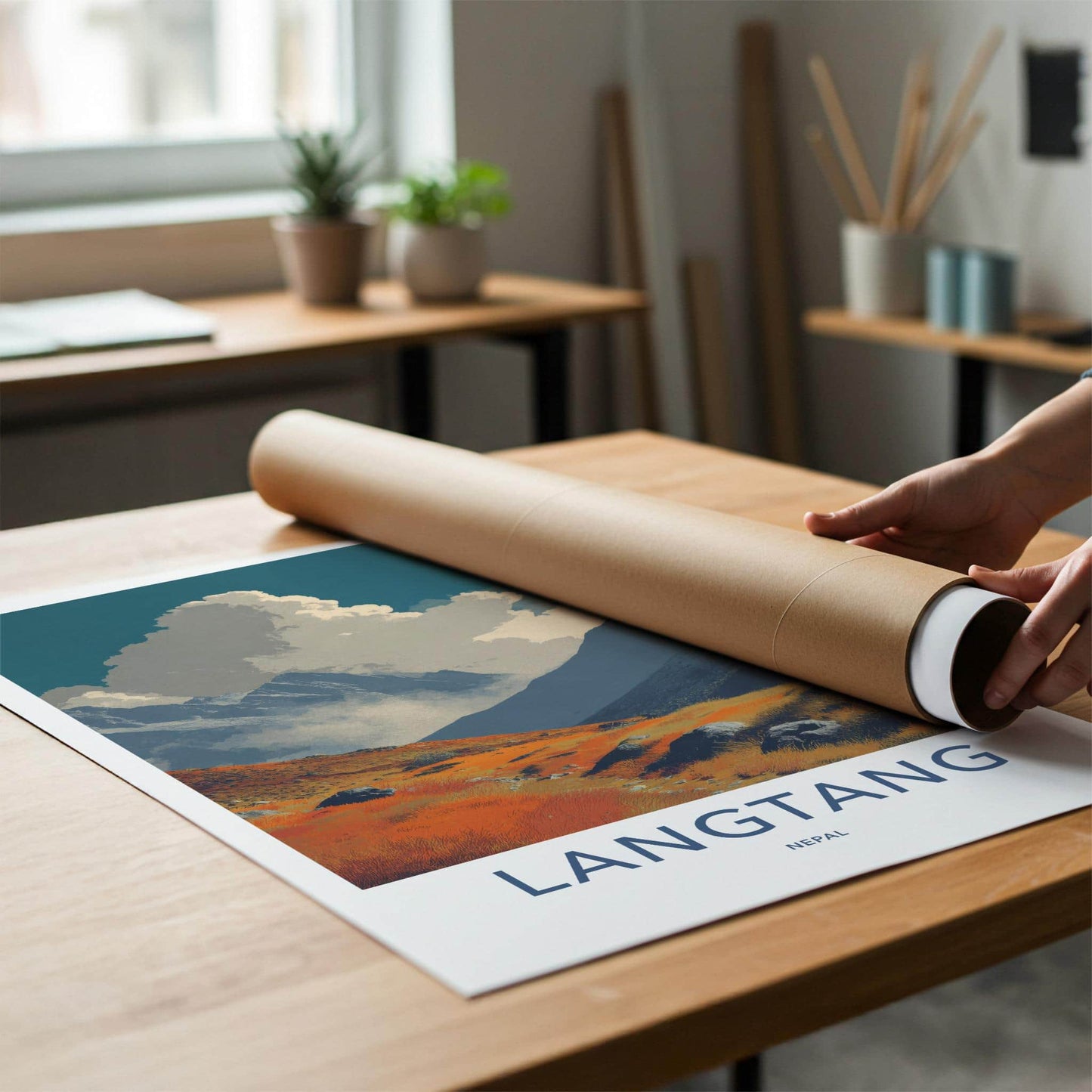 Langtang Poster - Nepal Travel Art - Orange Fields Mountain Home Decor