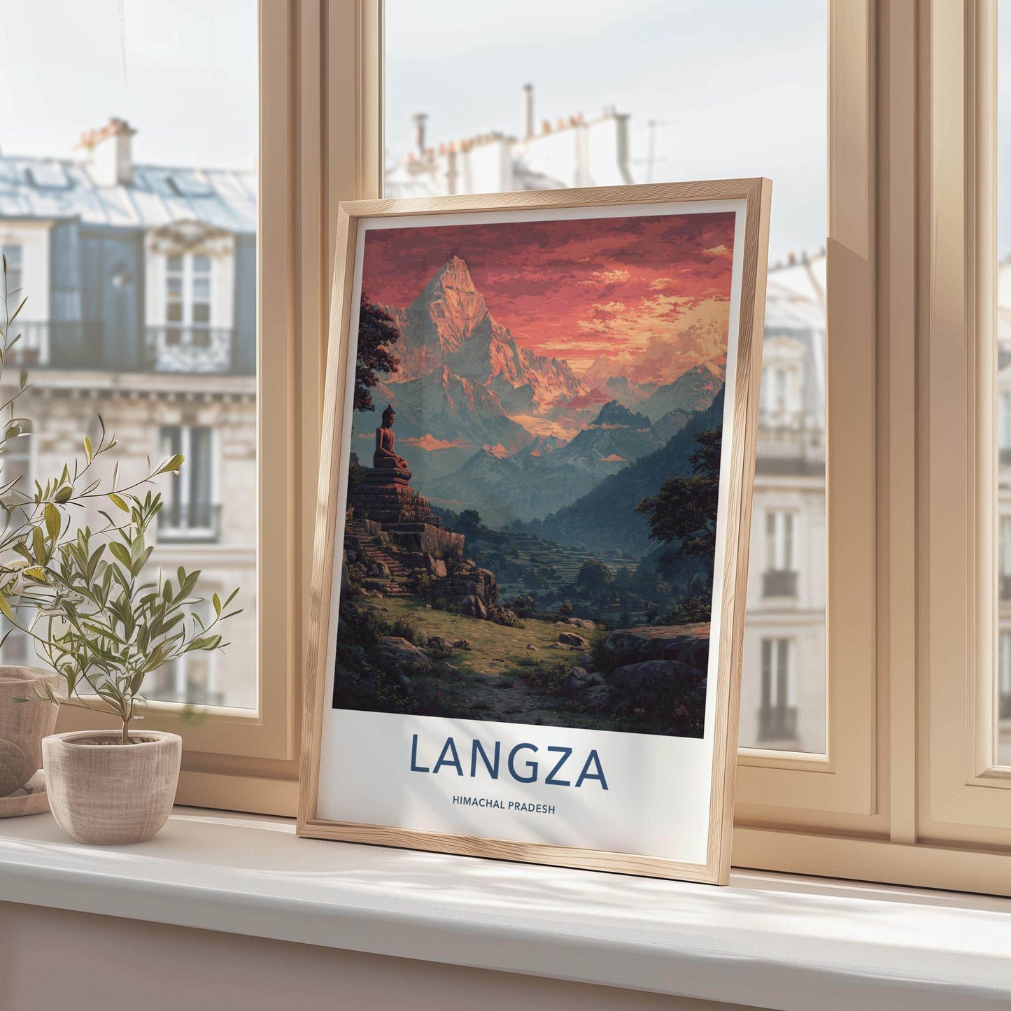Langza Poster - India Travel Art - Himachal Pradesh Buddha Mountain Sunset Home Decor