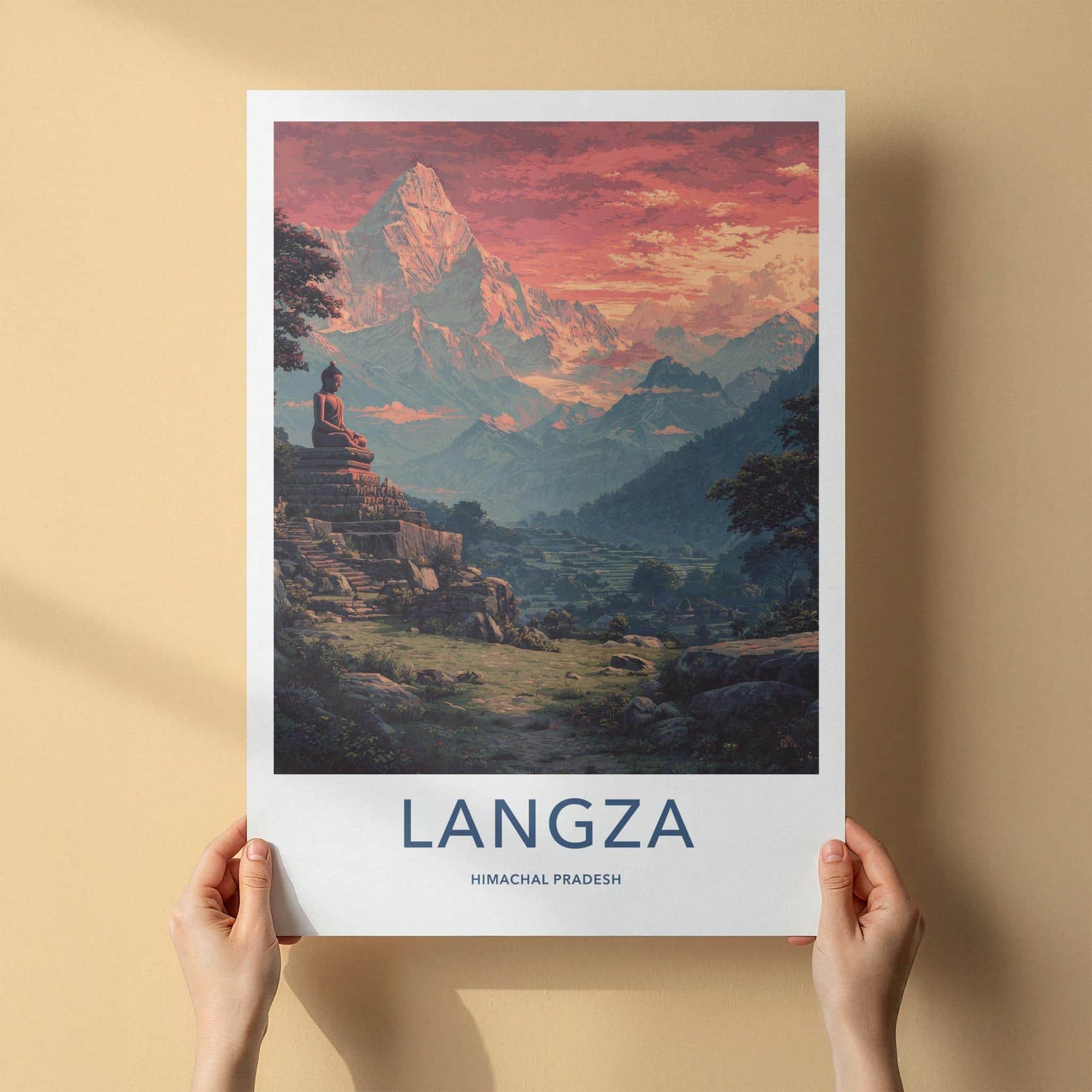 Langza Poster - India Travel Art - Himachal Pradesh Buddha Mountain Sunset Home Decor