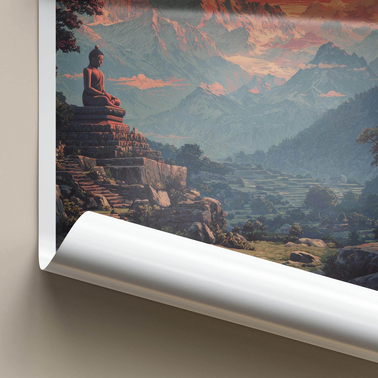 Langza Poster - India Travel Art - Himachal Pradesh Buddha Mountain Sunset Home Decor