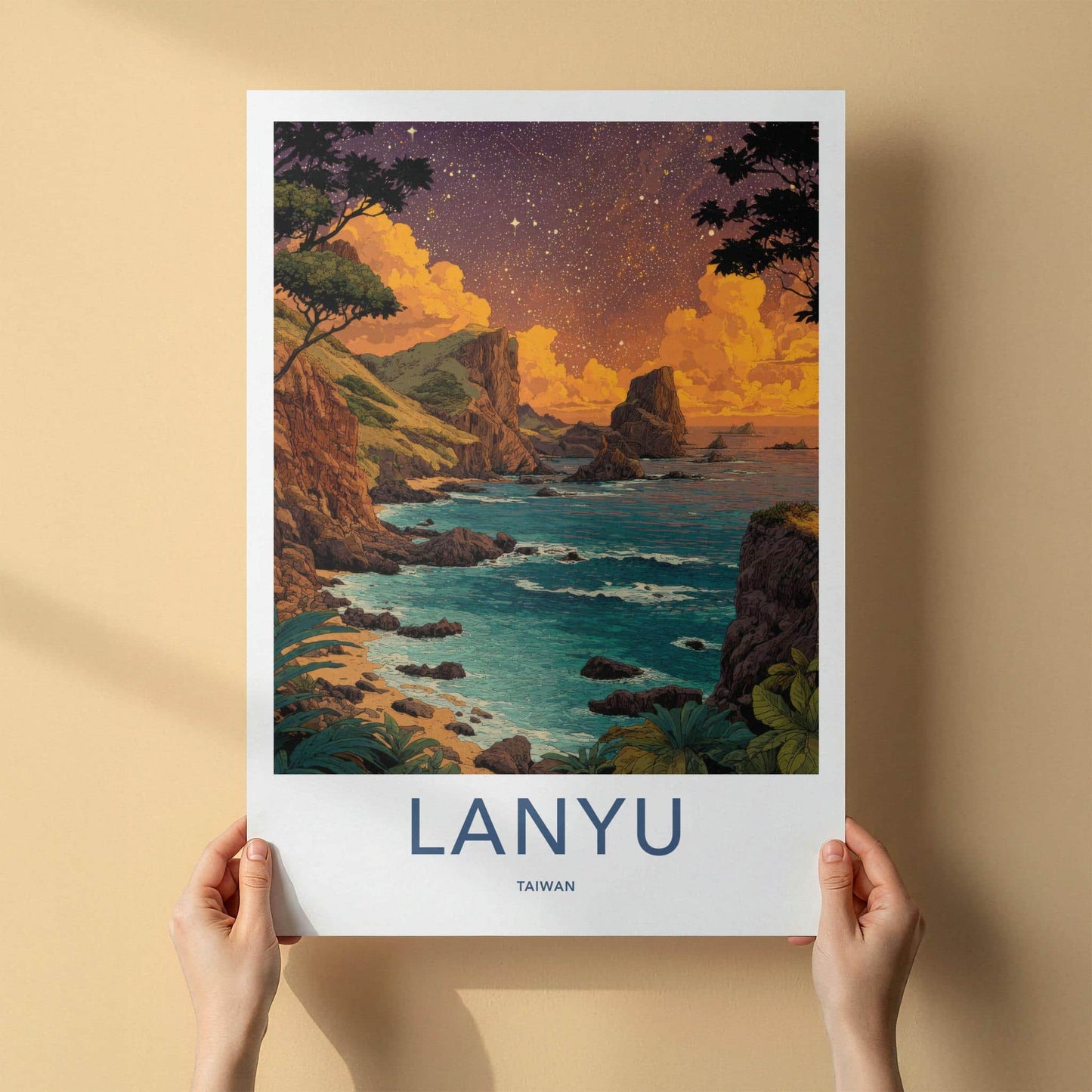 Lanyu Poster - Taiwan Travel Art - Starlit Coastal Rocks Home Decor