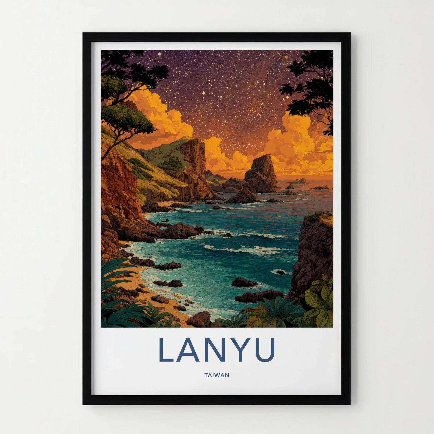 Lanyu Poster - Taiwan Travel Art - Starlit Coastal Rocks Home Decor