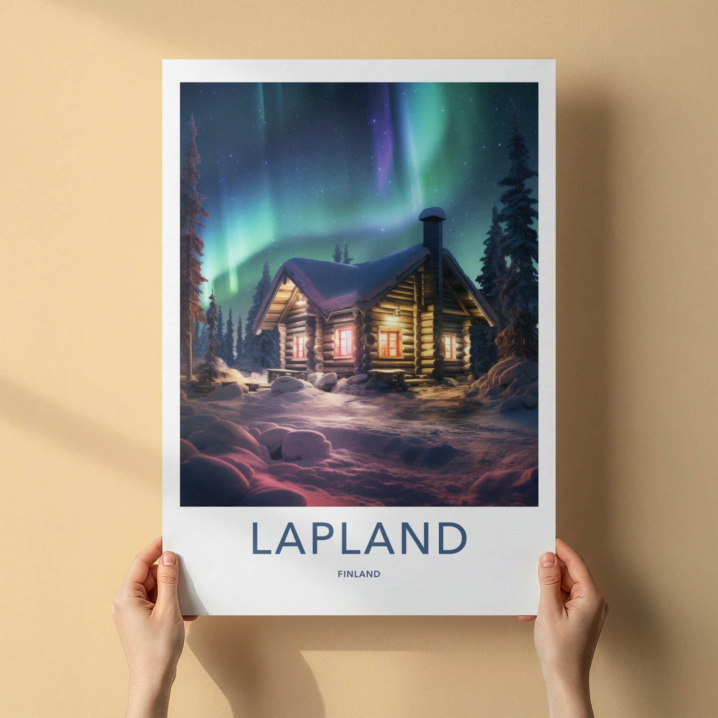 Lapland Poster - Finland Travel Art - Cozy Cabin Aurora Home Decor