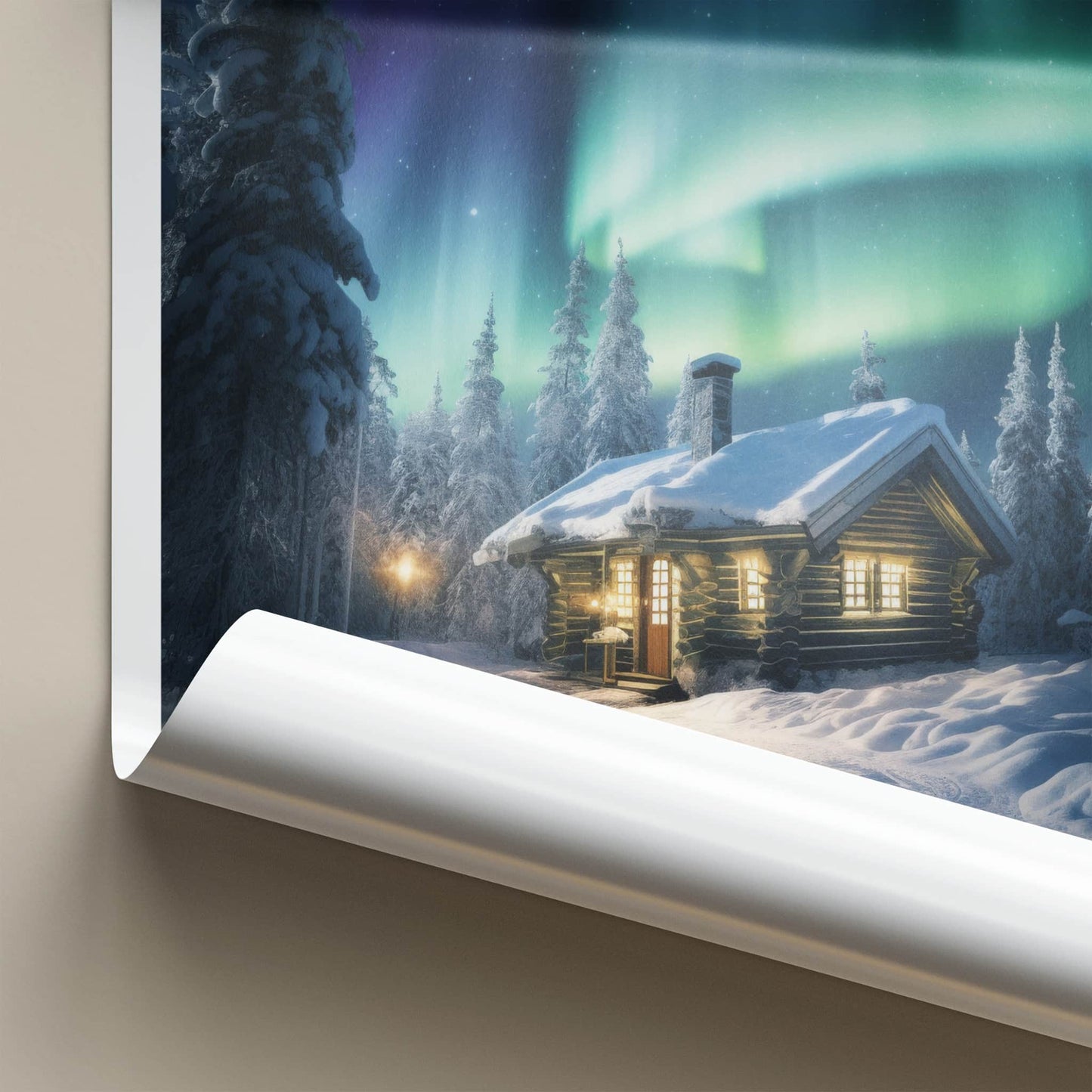 Lapland Poster - Finland Travel Art - Snowy Cabin Lights Home Decor