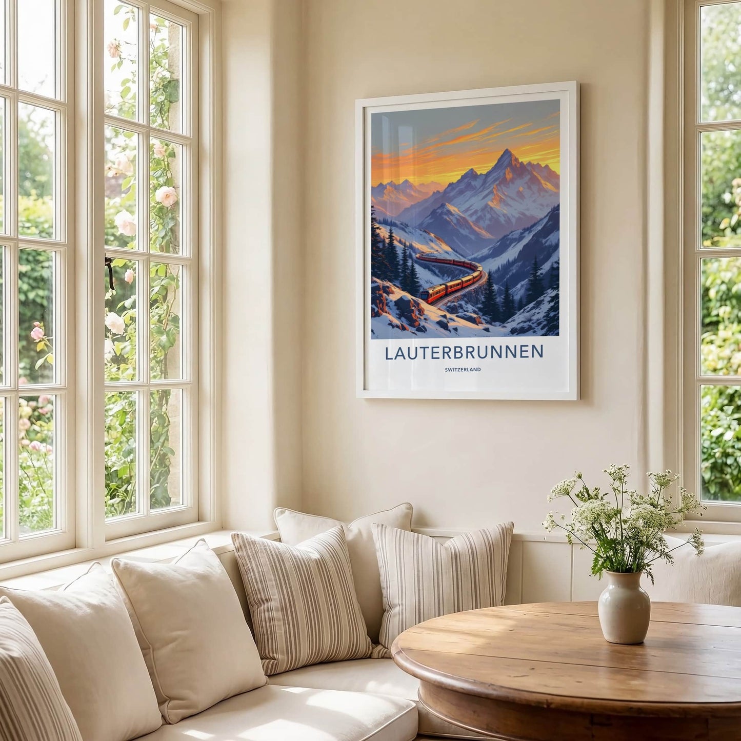Lauterbrunnen Poster - Switzerland Travel Print - Winding Red Train Wall Decor