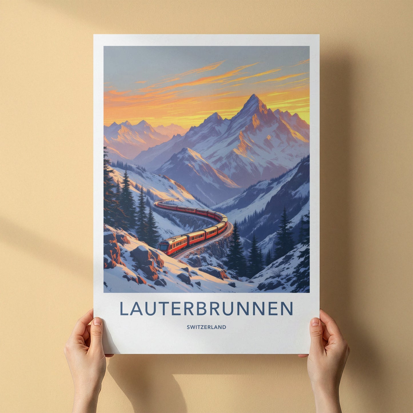 Lauterbrunnen Poster - Switzerland Travel Print - Winding Red Train Wall Decor