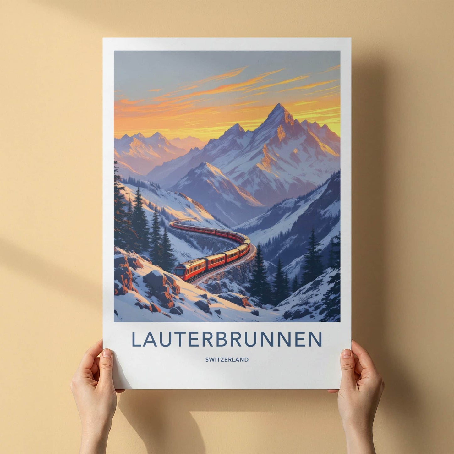 Lauterbrunnen Poster - Switzerland Travel Print - Winding Red Train Wall Decor