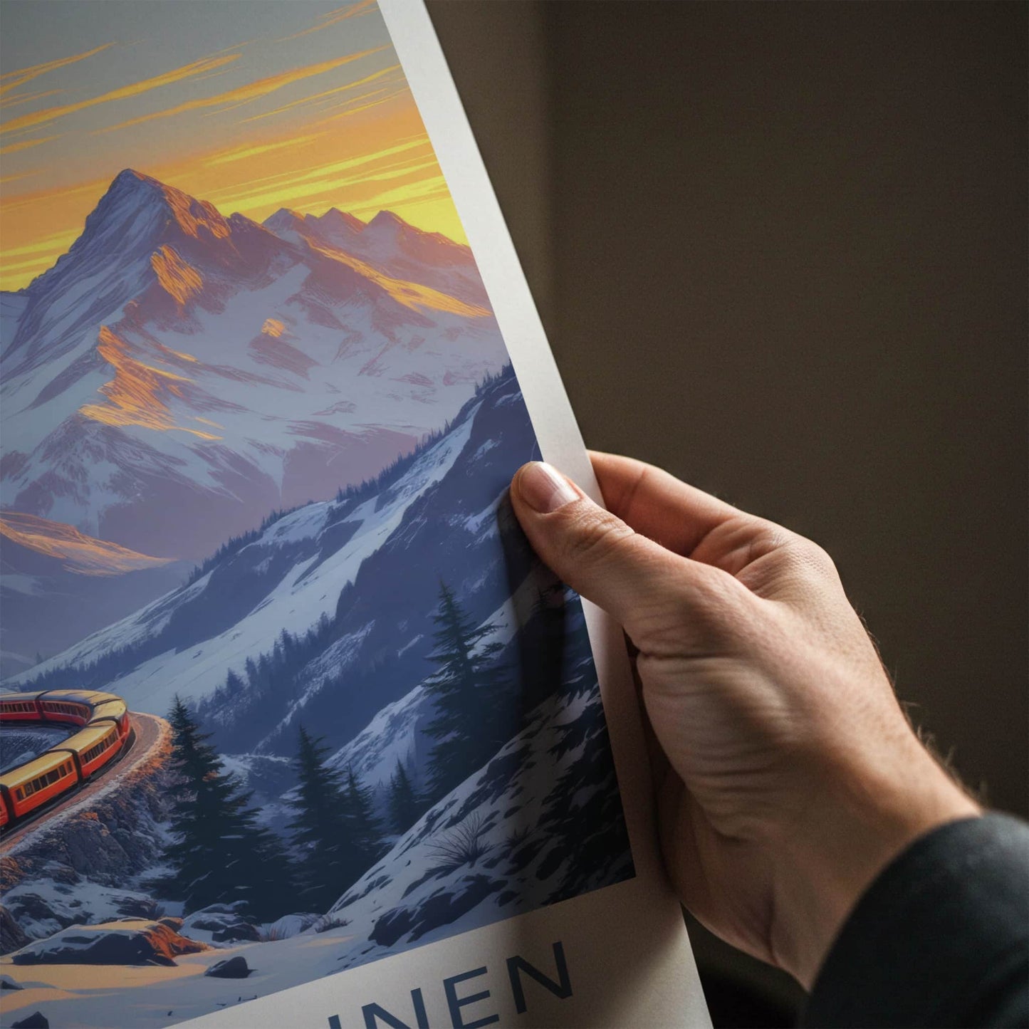 Lauterbrunnen Poster - Switzerland Travel Print - Winding Red Train Wall Decor