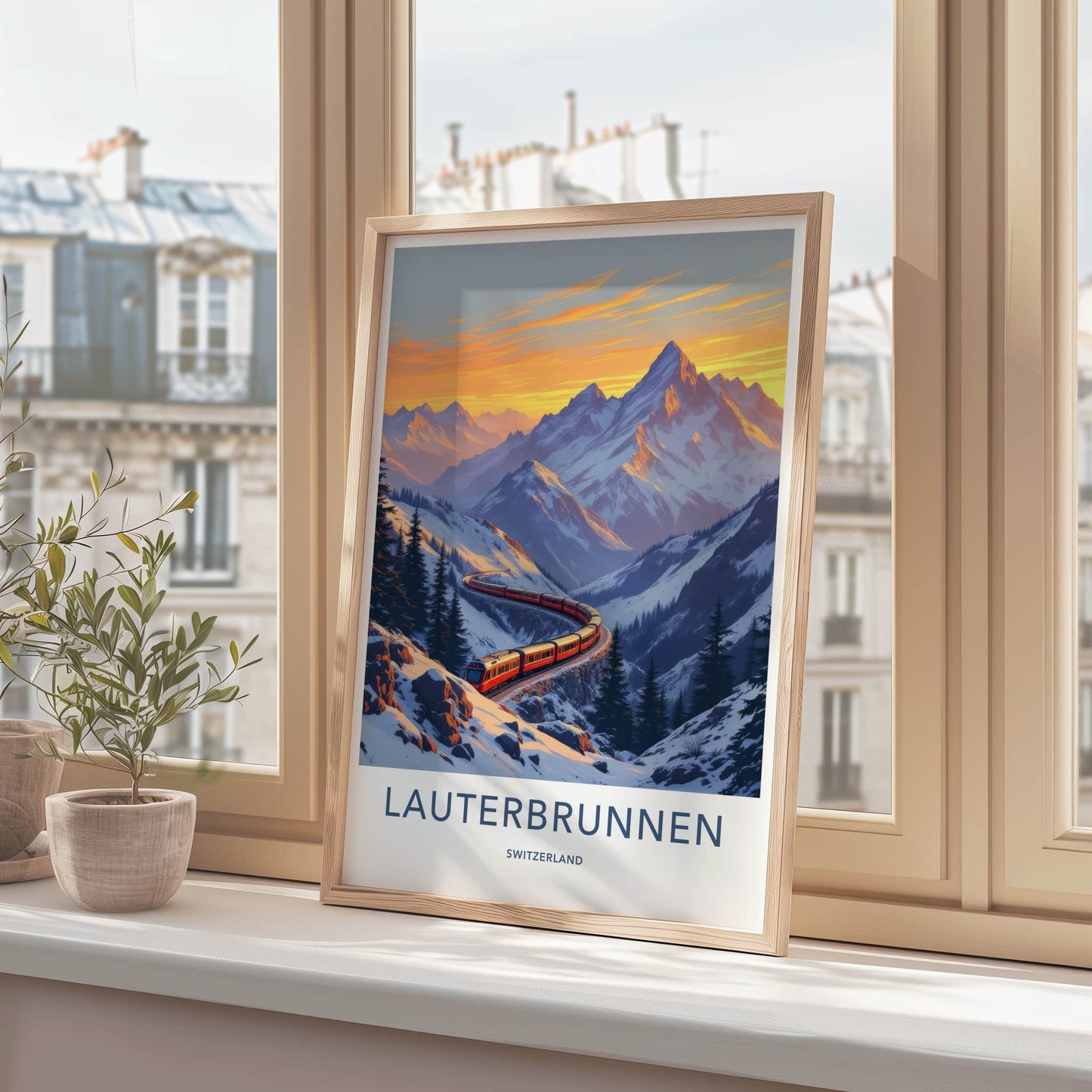 Lauterbrunnen Poster - Switzerland Travel Print - Winding Red Train Wall Decor