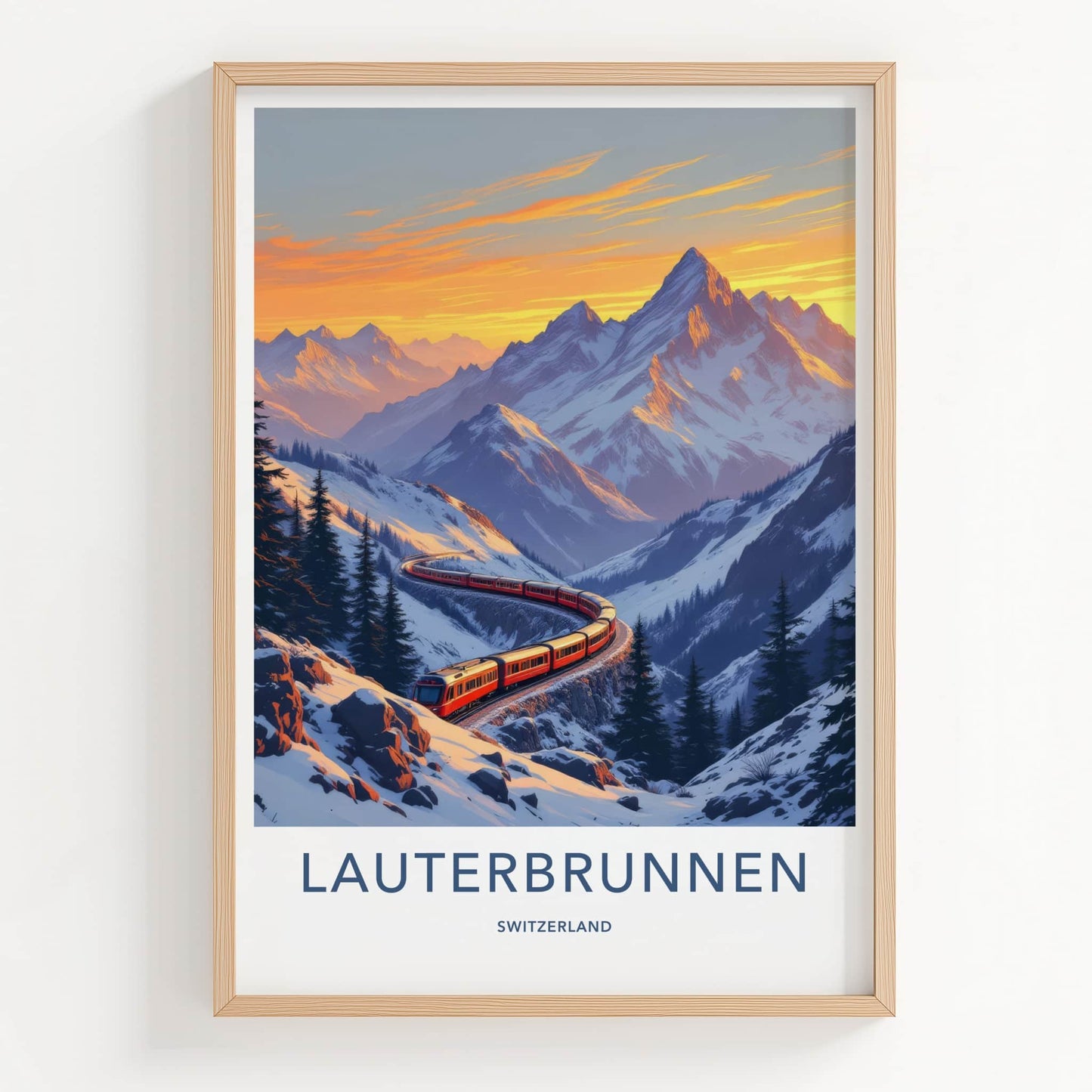 Lauterbrunnen Poster - Switzerland Travel Print - Winding Red Train Wall Decor