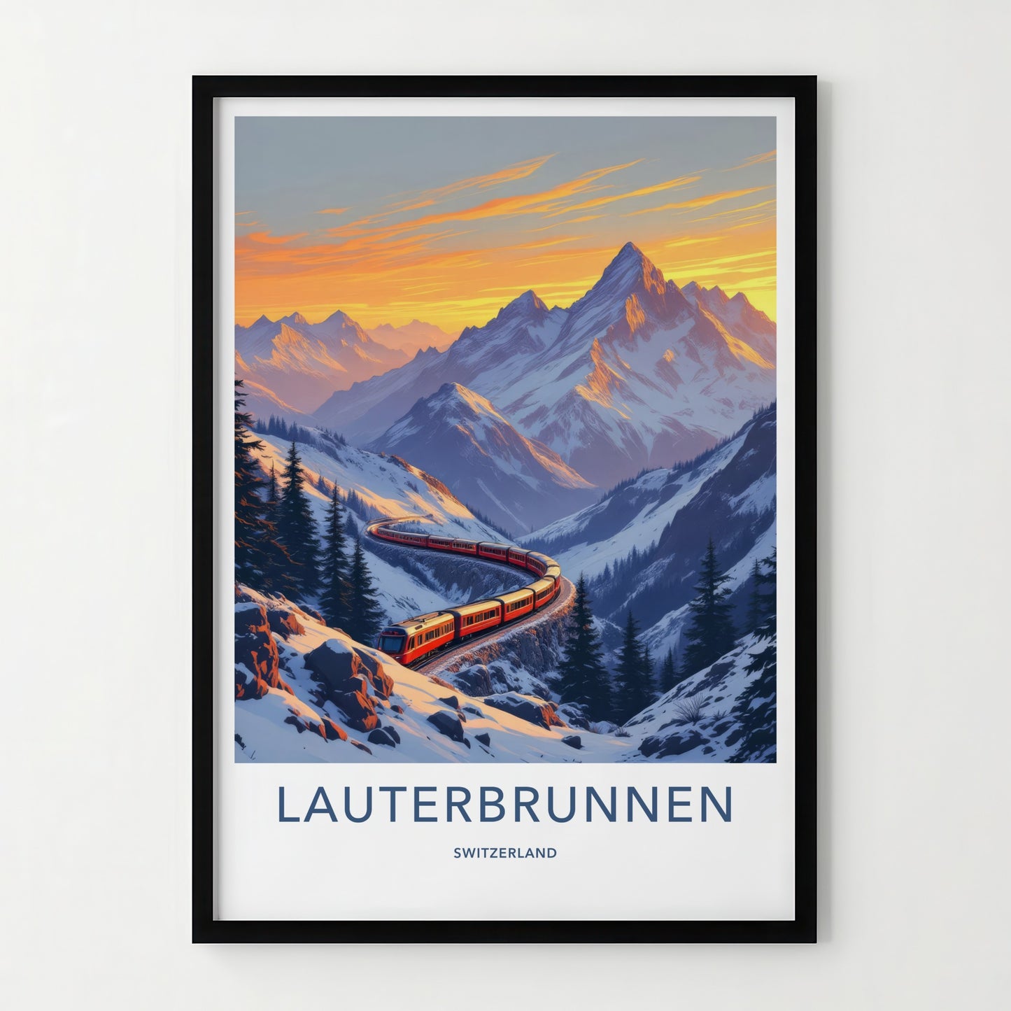 Lauterbrunnen Poster - Switzerland Travel Print - Winding Red Train Wall Decor