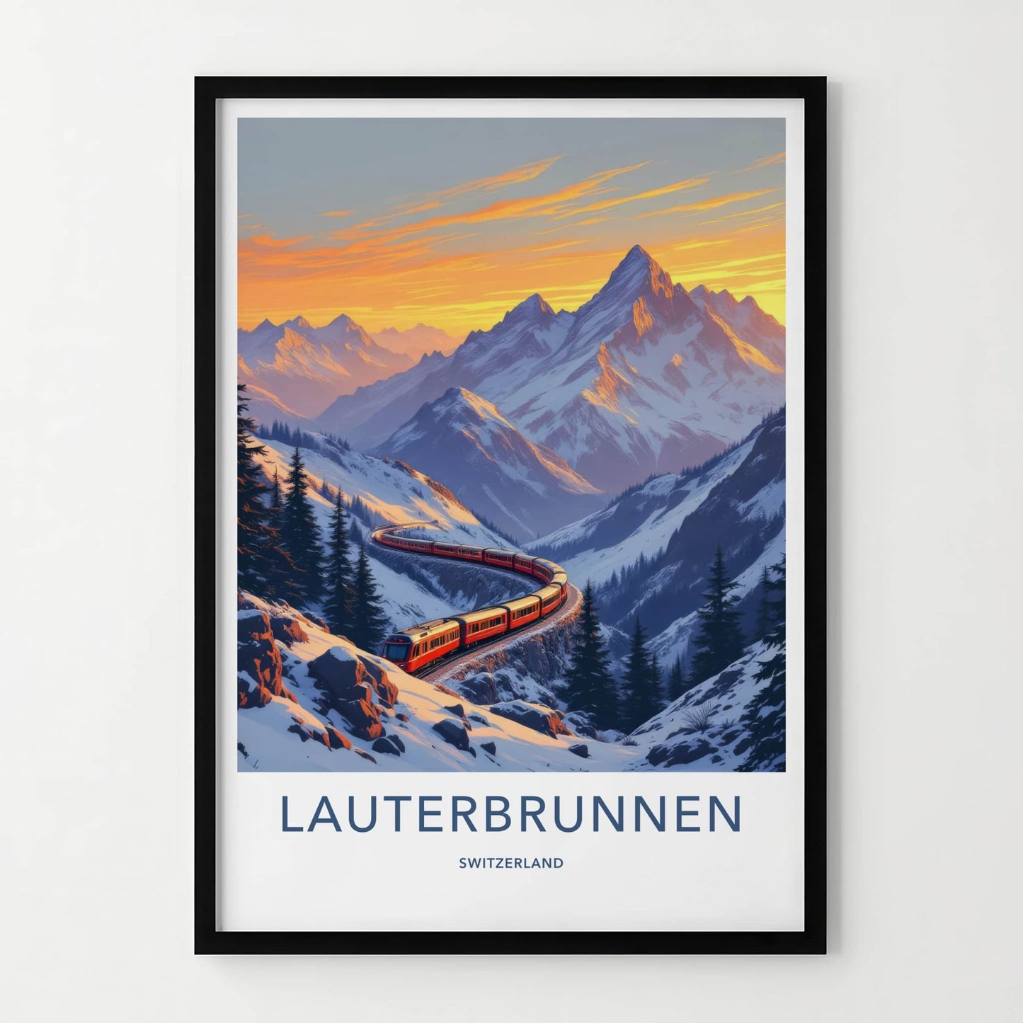 Lauterbrunnen Poster - Switzerland Travel Print - Winding Red Train Wall Decor