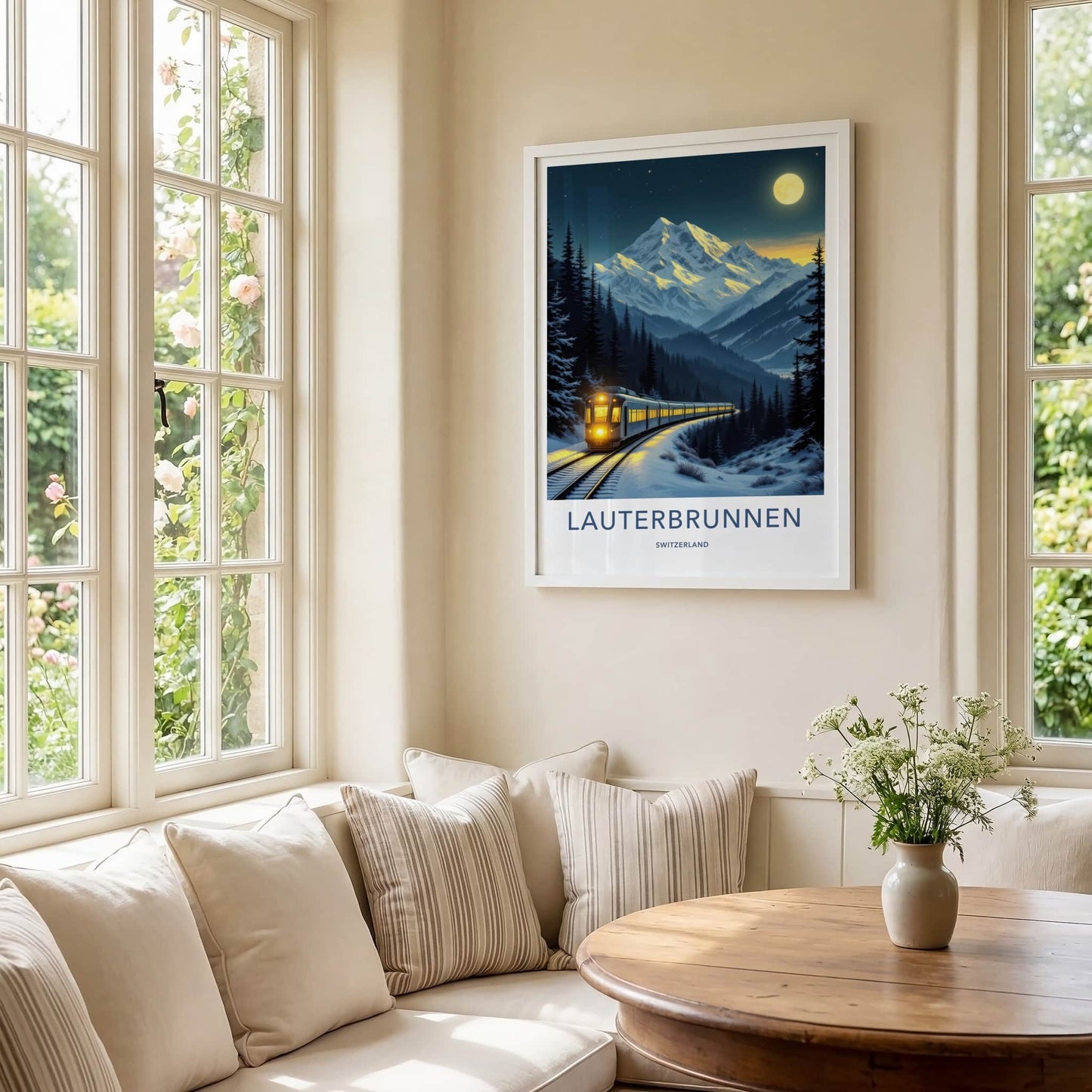 Lauterbrunnen Poster - Switzerland Wall Art - Moonlit Winter Train Home Decor