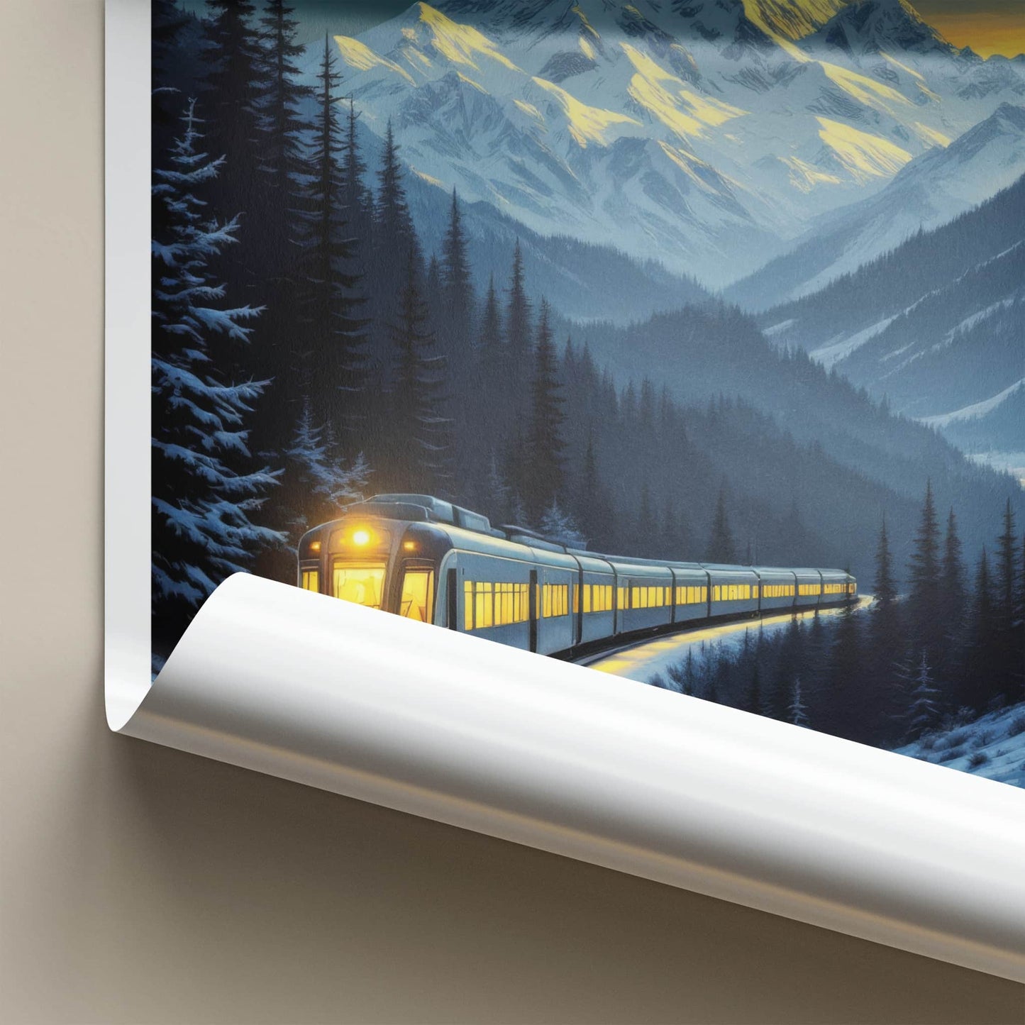 Lauterbrunnen Poster - Switzerland Wall Art - Moonlit Winter Train Home Decor